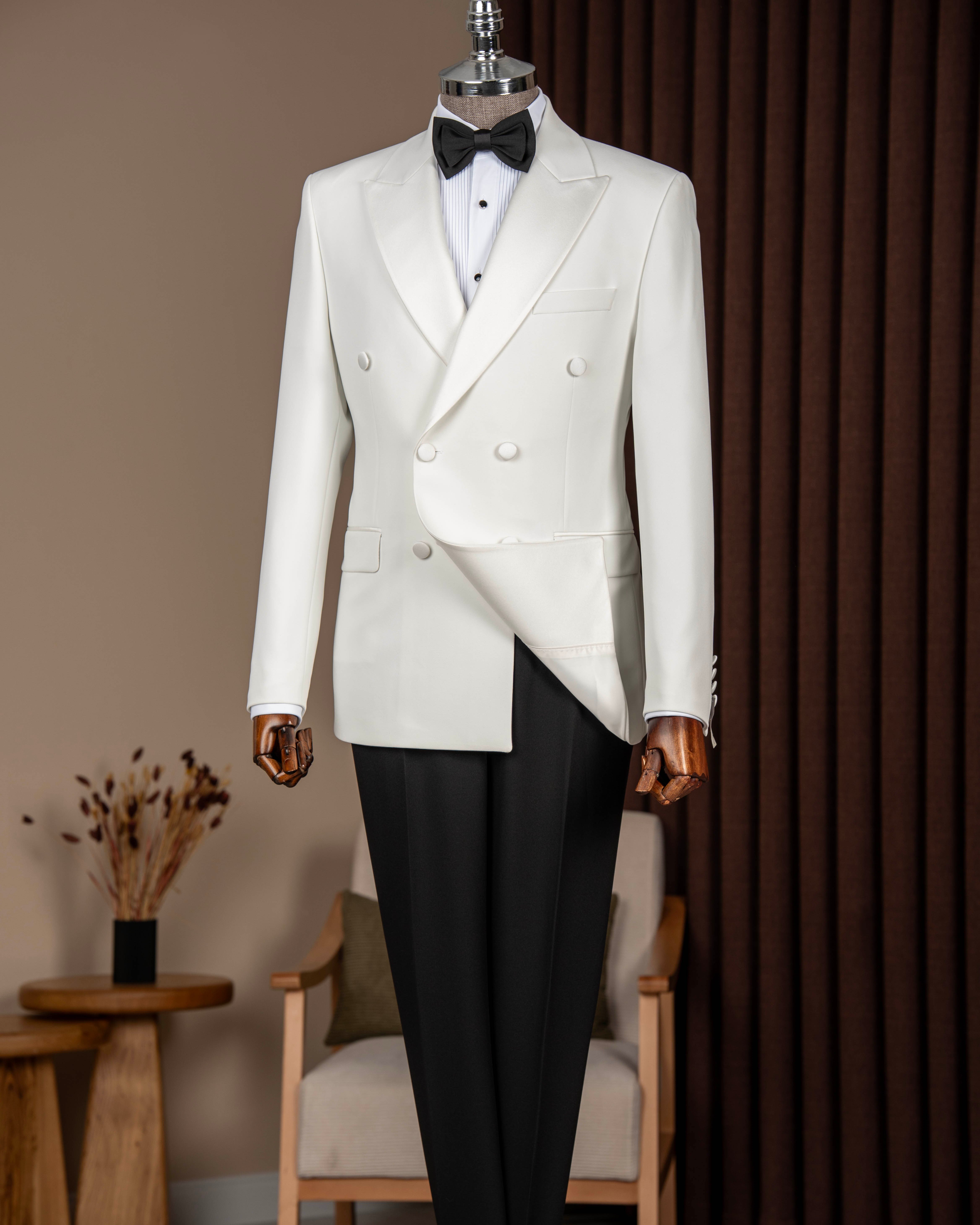 Slim fit erkek kruvaze sivri yaka ceket yelek pantolon damatlık set beyaz T20077-07