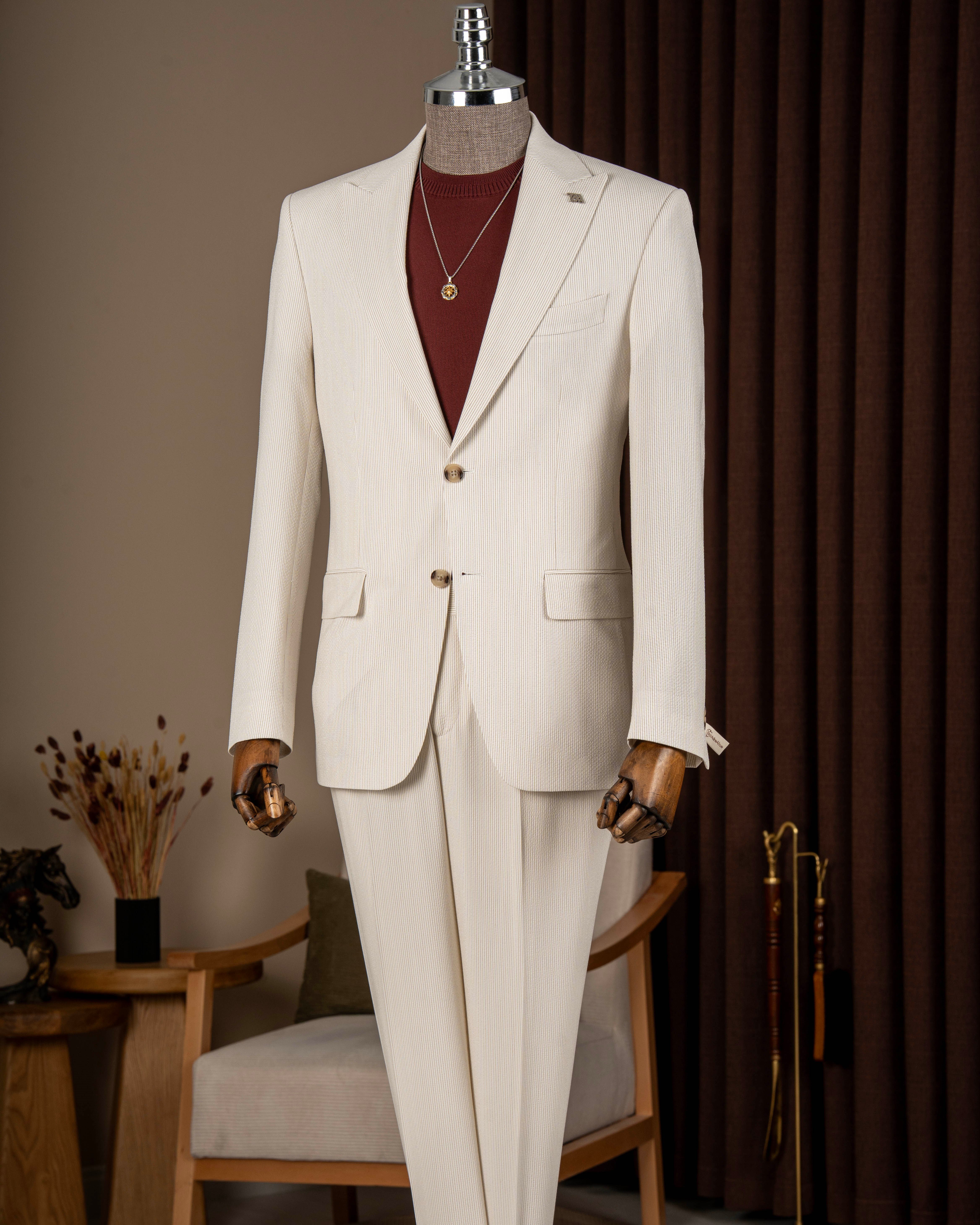 İtalyan stil slim fit erkek sivri yaka ceket pantolon takım elbise bej T20082-09