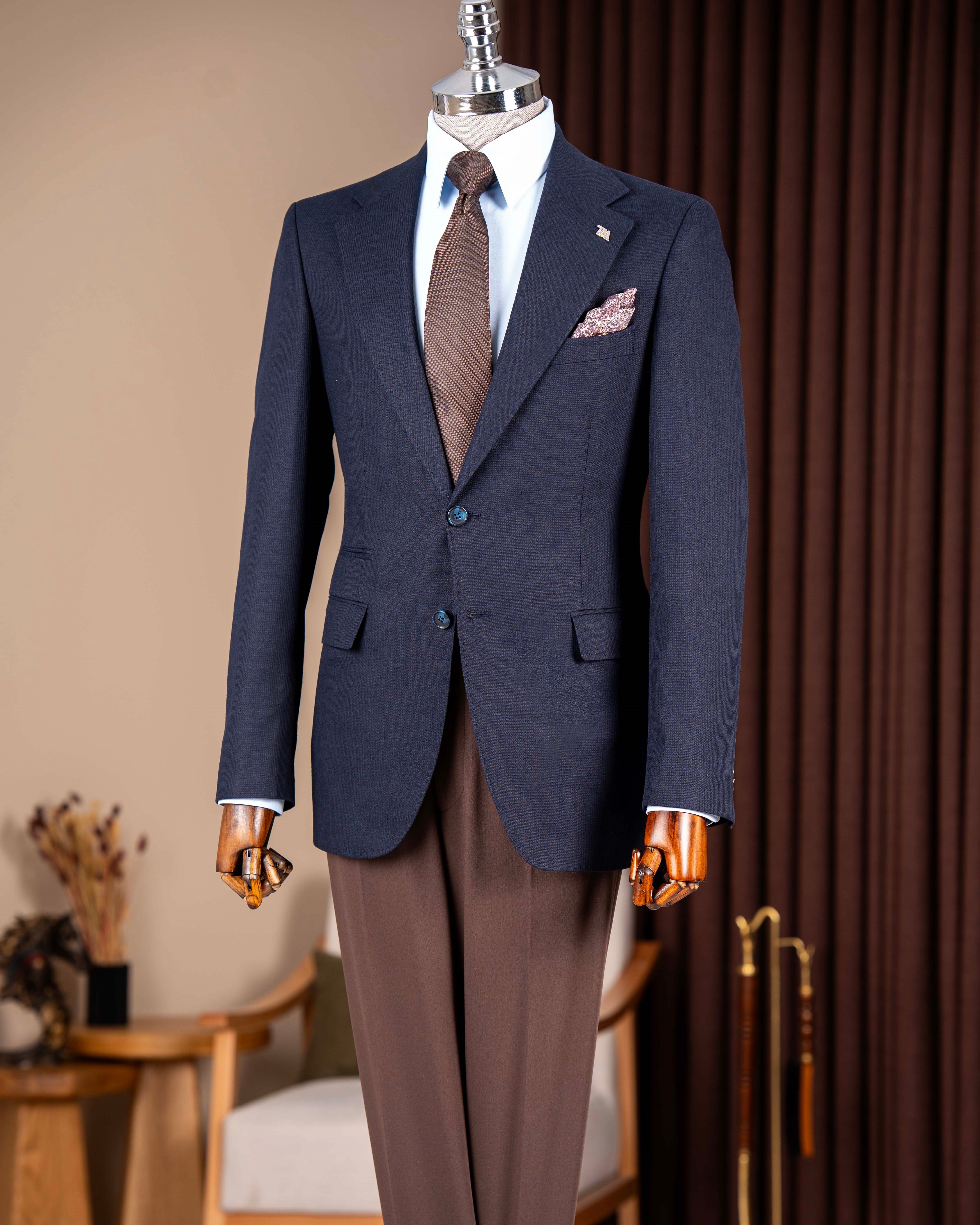 İtalyan stil slim fit erkek mono yaka keten ceket lacivert T20083-02