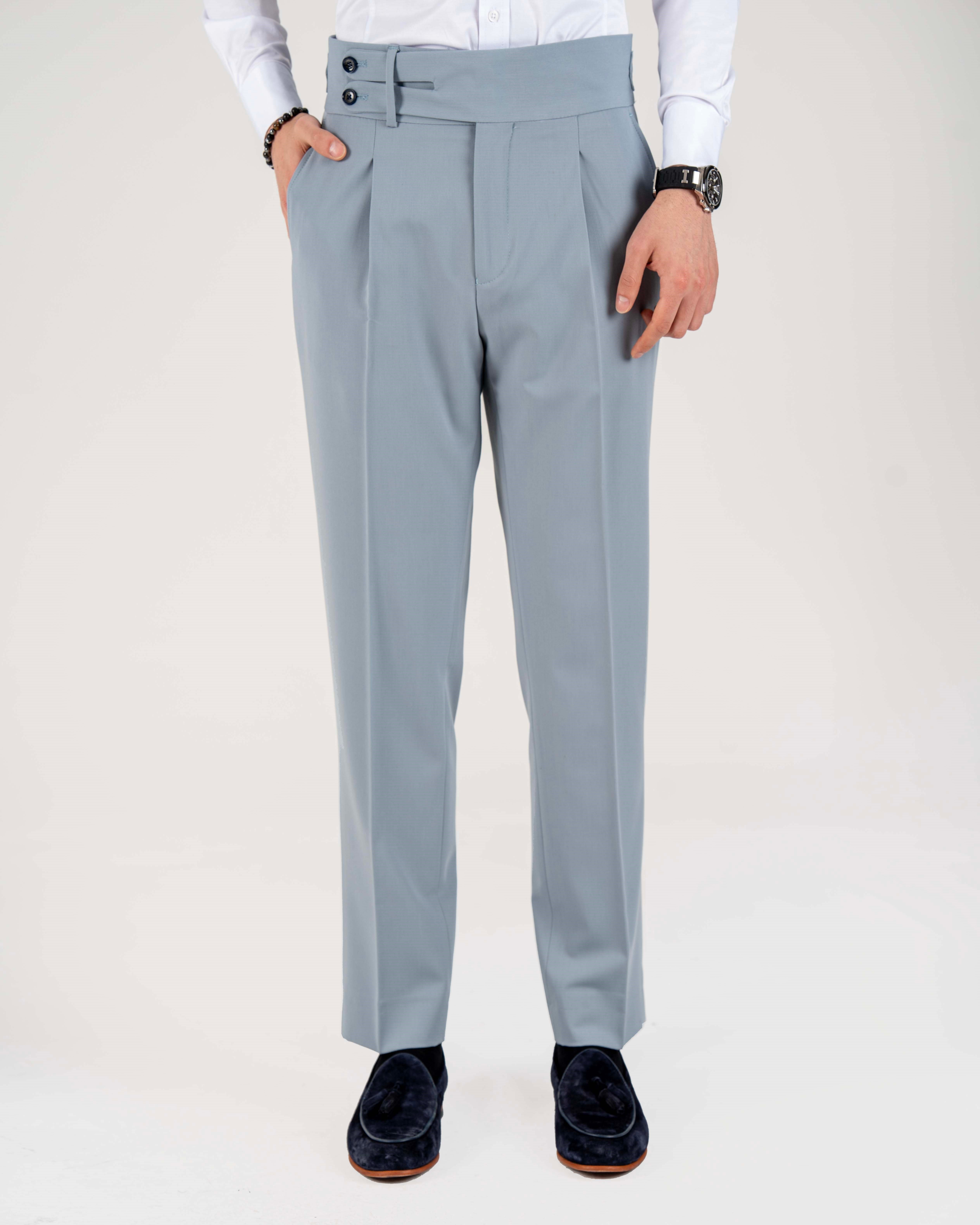 İtalyan stil slim fit erkek bel detaylı tokalı pantolon mavi T20037-19