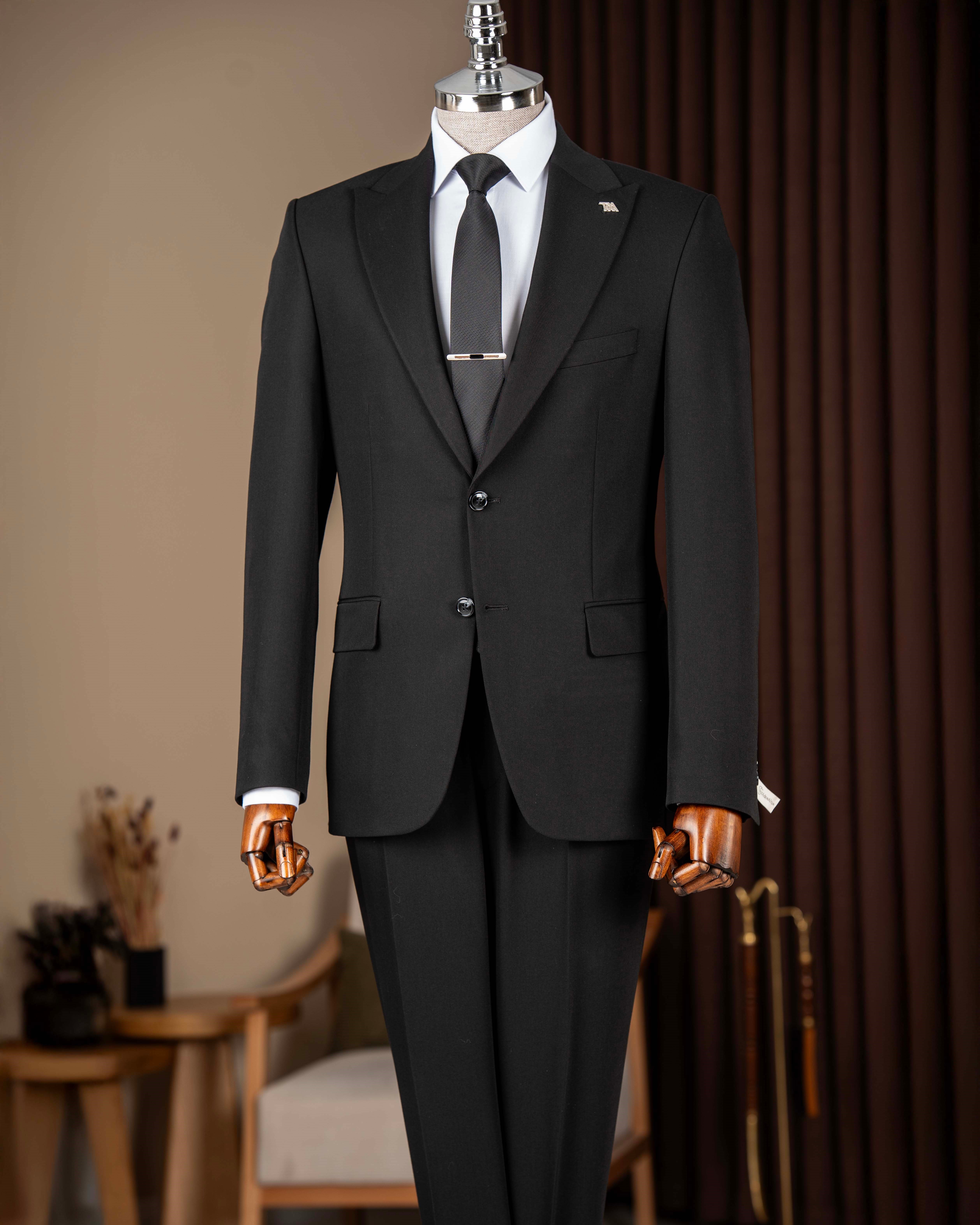 İtalyan stil slim fit erkek sivri yaka ceket pantolon takım elbise siyah T20065-01