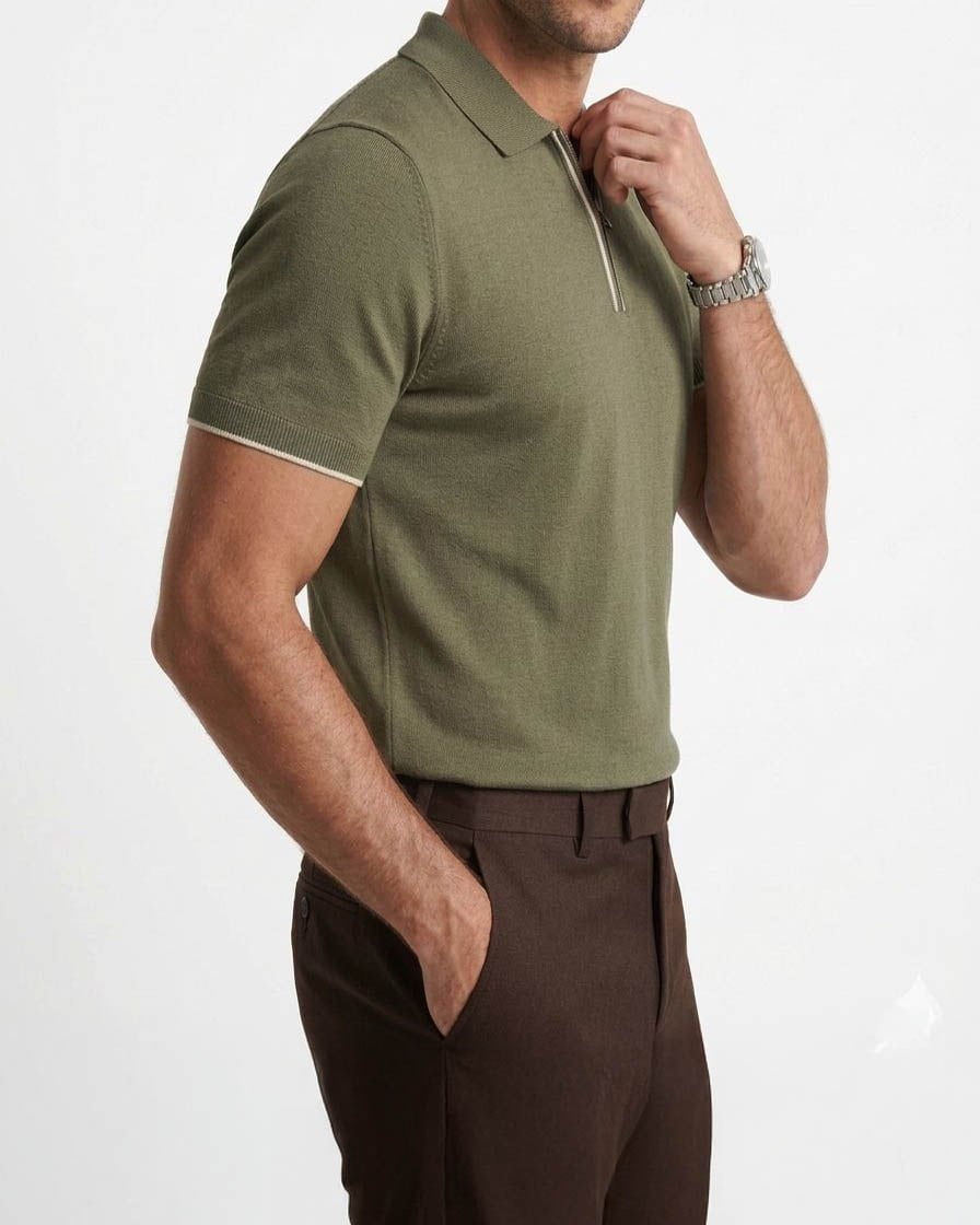 İtalyan stil slim fit polo yaka triko tişört haki T14452