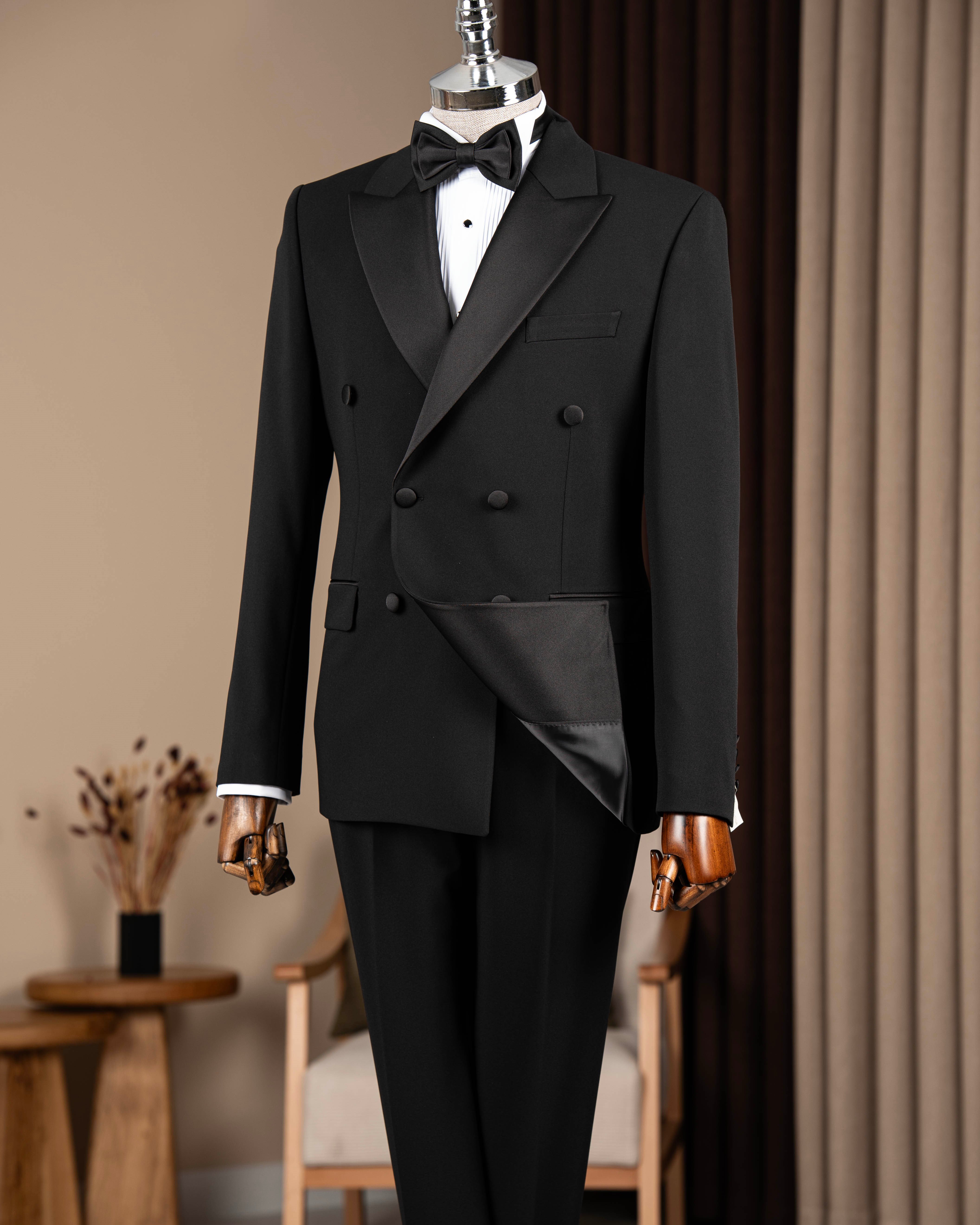 Slim fit erkek kruvaze sivri yaka ceket yelek pantolon damatlık set siyah T20077-01