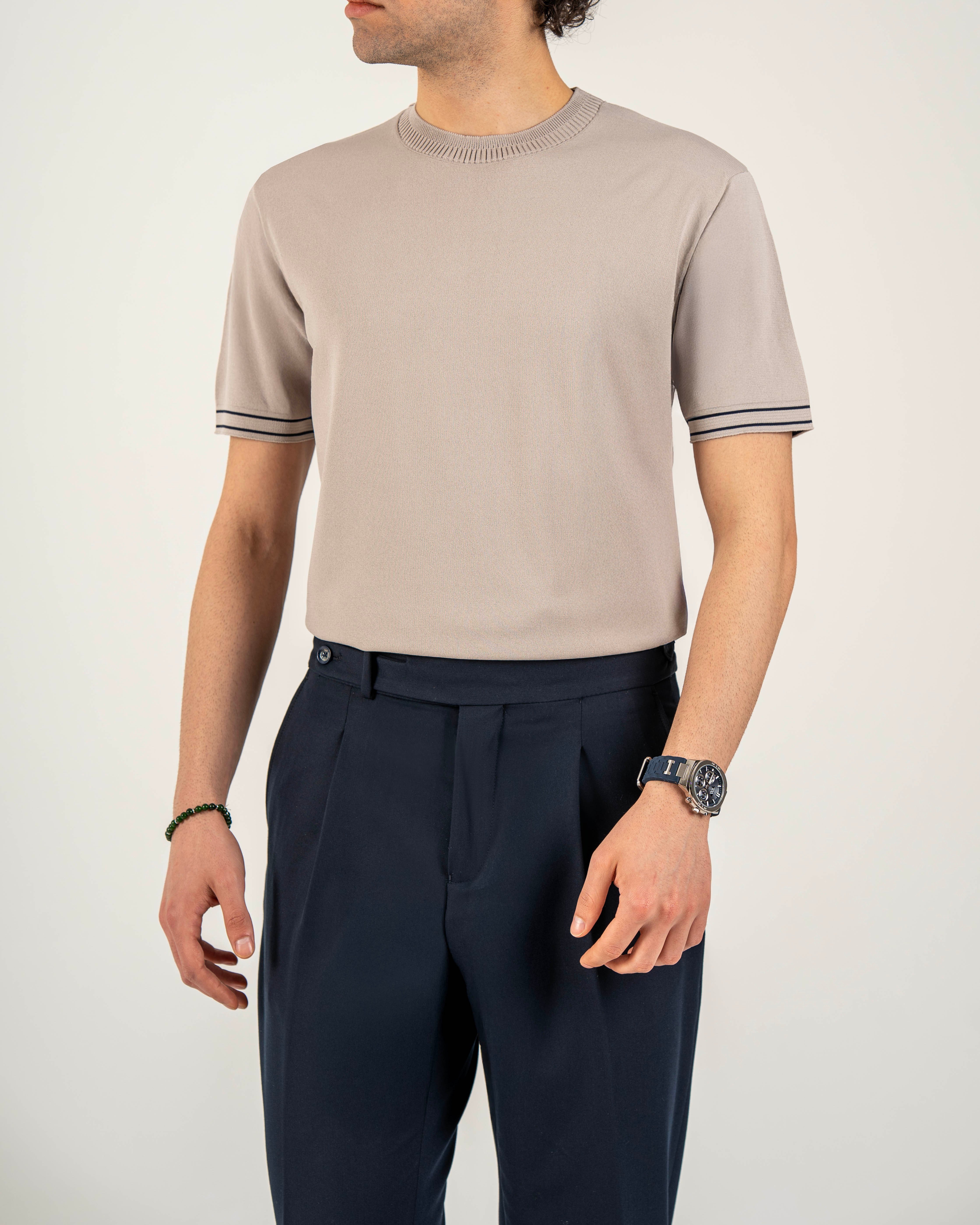 İtalyan stil slim fit erkek bisiklet yaka kısa kollu triko tişört bej T20031-09