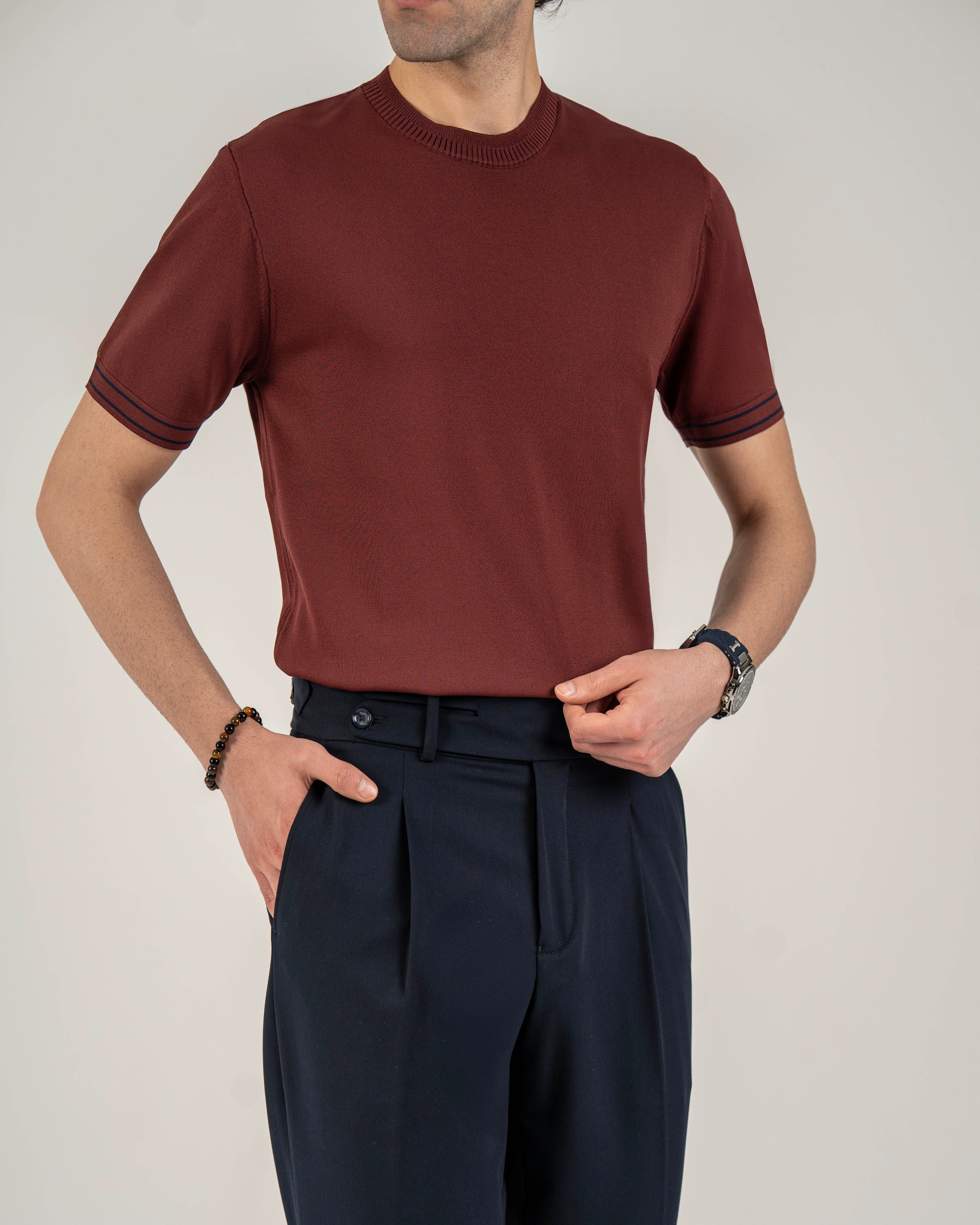 İtalyan stil slim fit erkek bisiklet yaka kısa kollu triko tişört bordo T20031-10