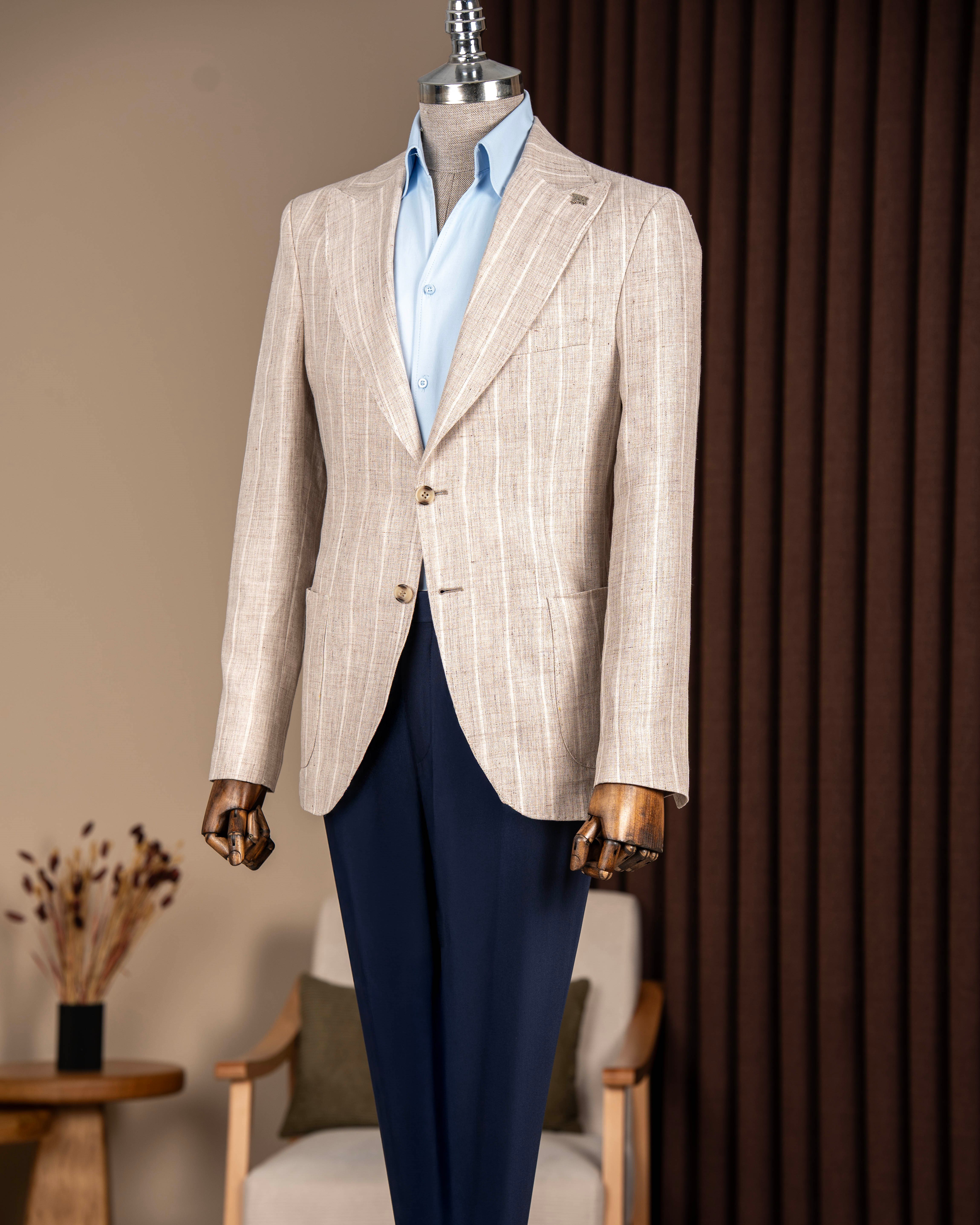 Slim fit erkek sivri yaka torba cep çizgili keten ceket bej T20104-09