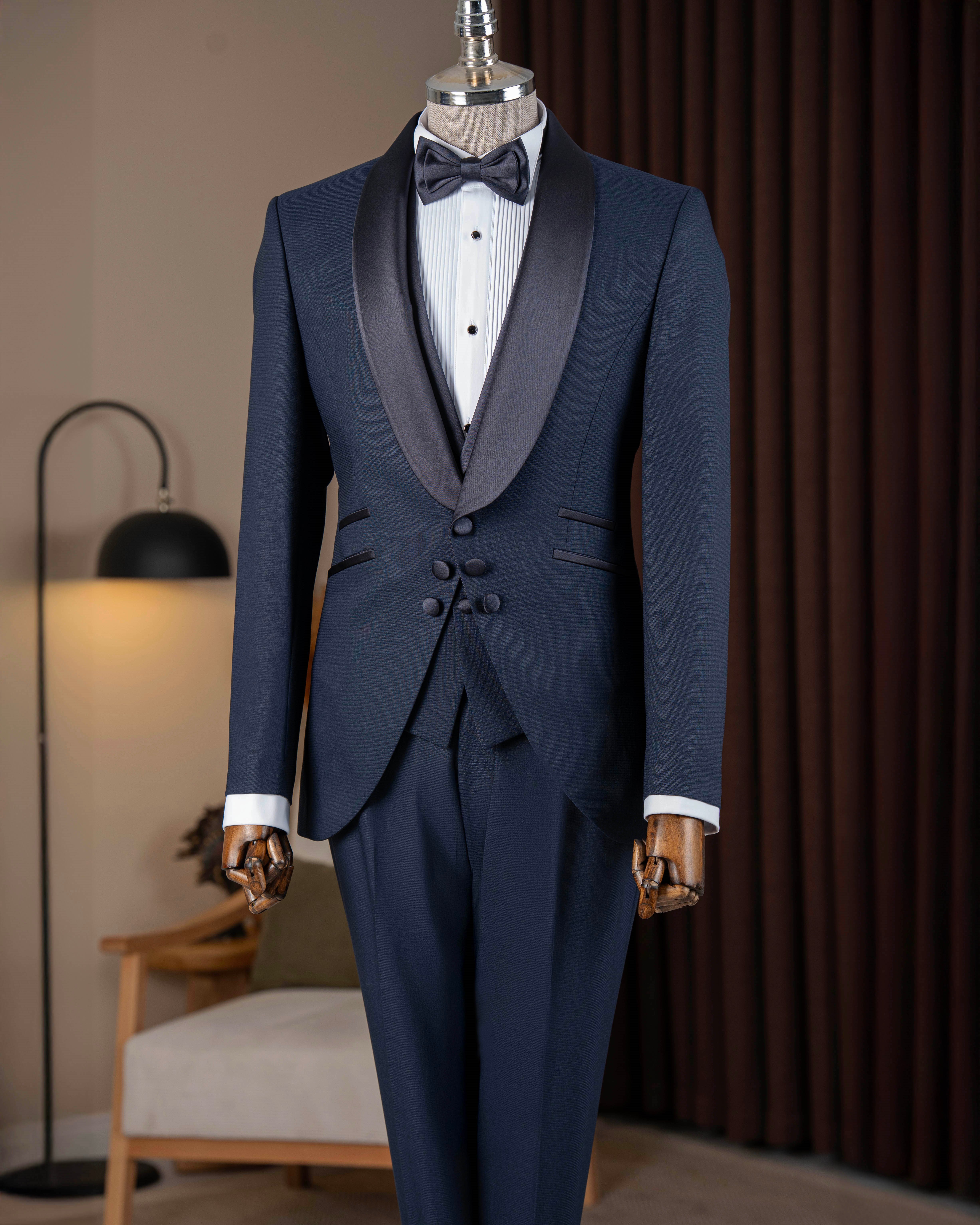 Slim fit erkek şal yaka ceket yelek pantolon damatlık set lacivert T20070-02