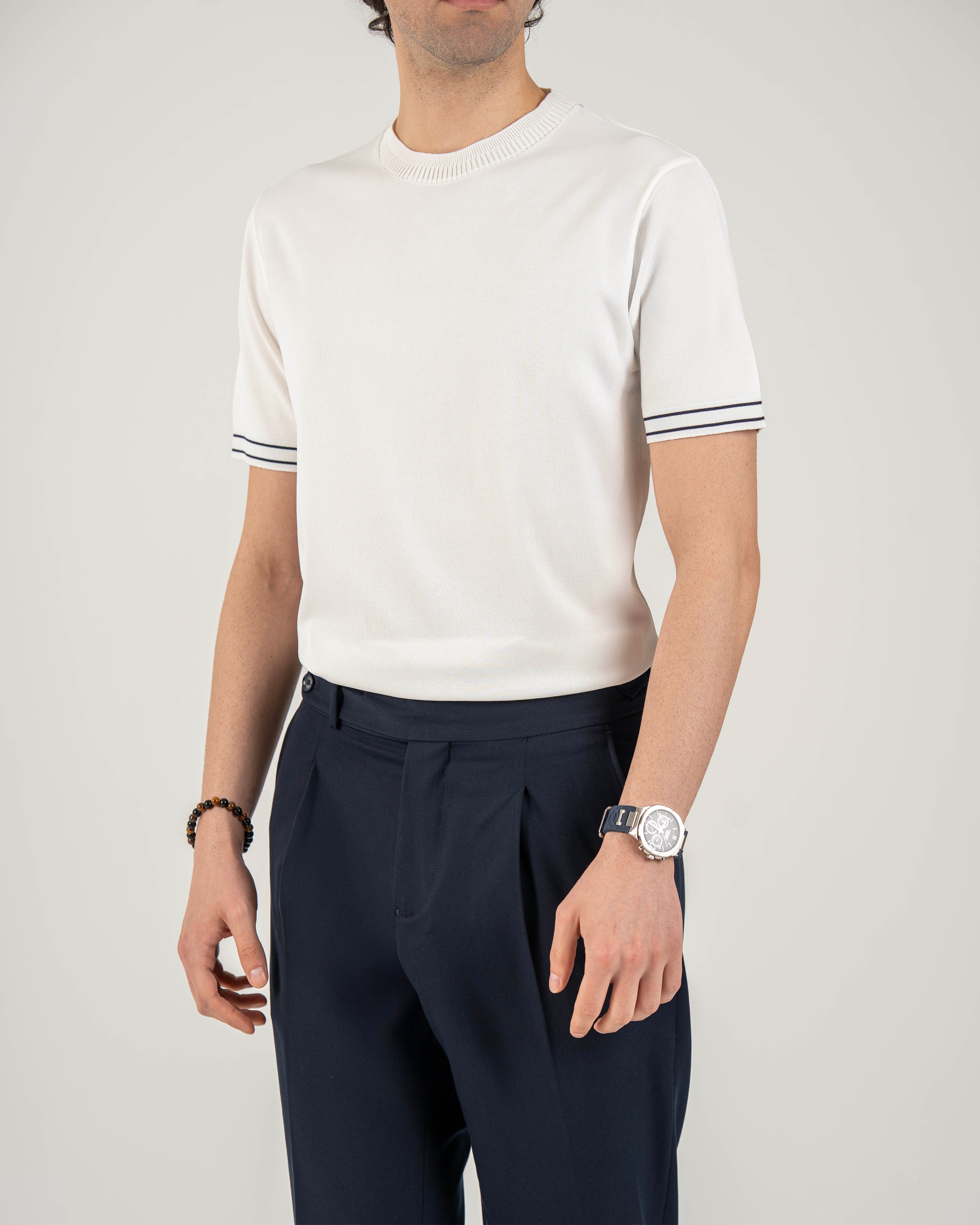 İtalyan stil slim fit erkek bisiklet yaka kısa kollu triko tişört ekru T20031-05