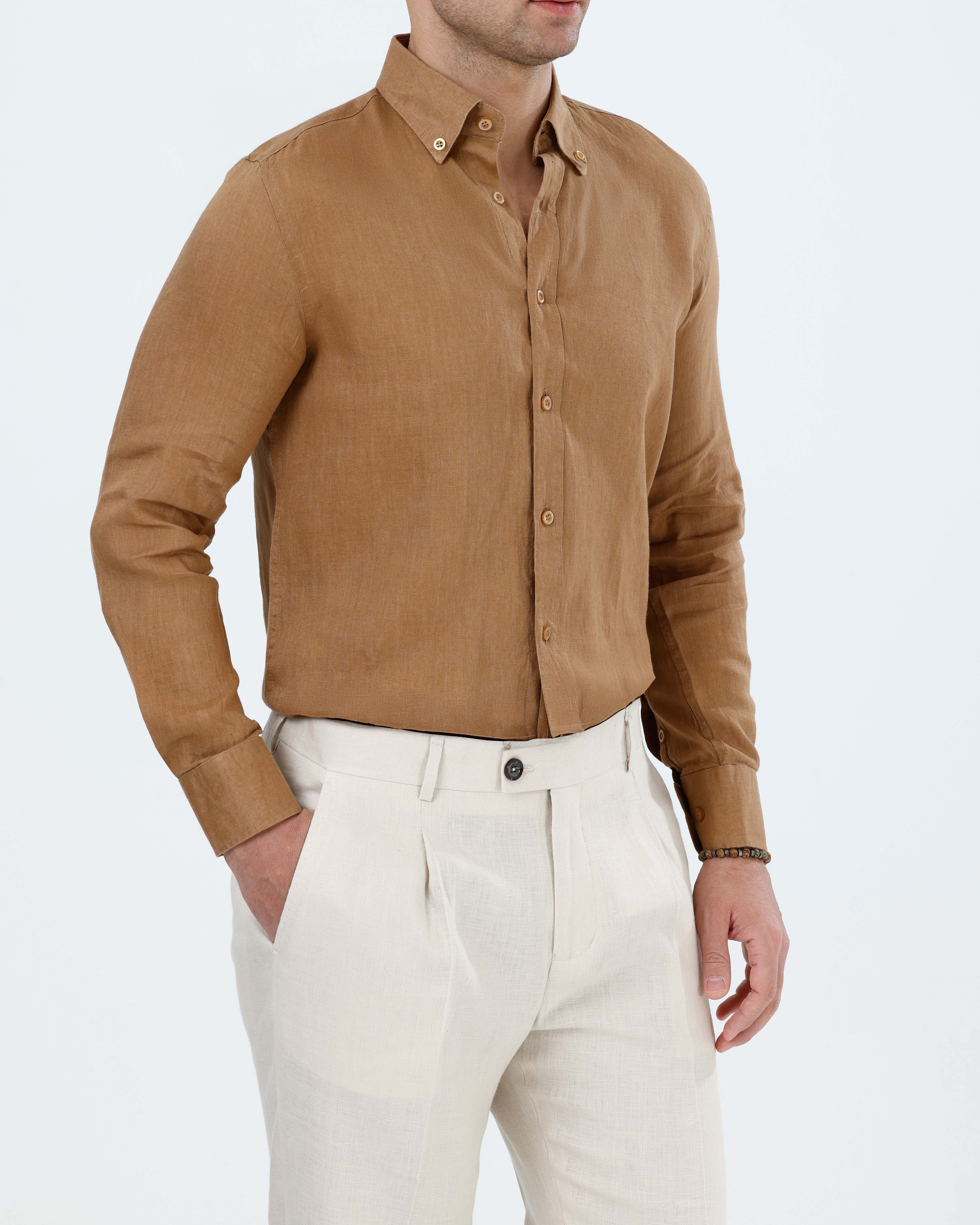 İtalyan stil slim fit erkek dik yaka keten gömlek camel T20057-11