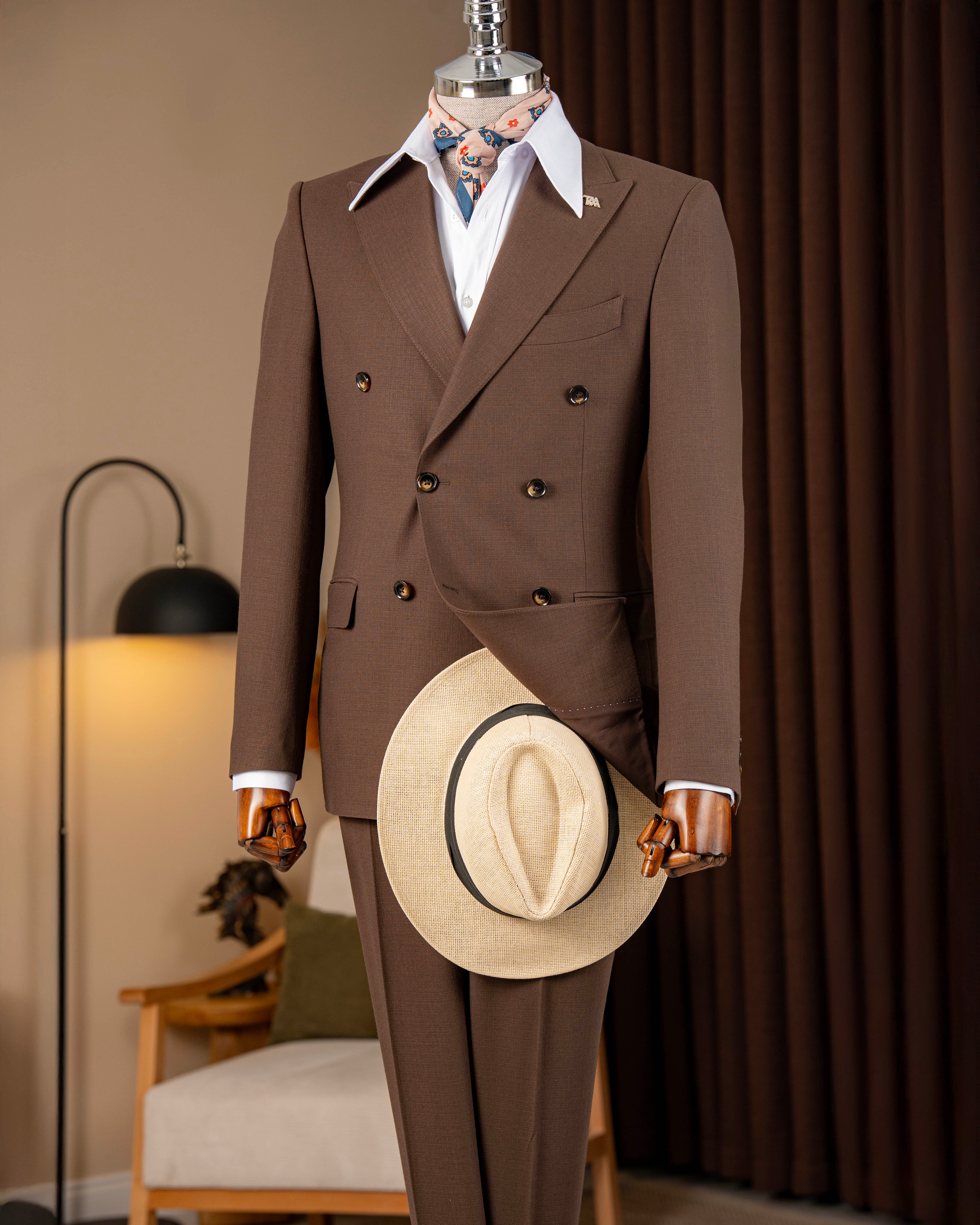 Slim fit erkek kruvaze sivri yaka ceket pantolon takım elbise açık kahve T20097-31