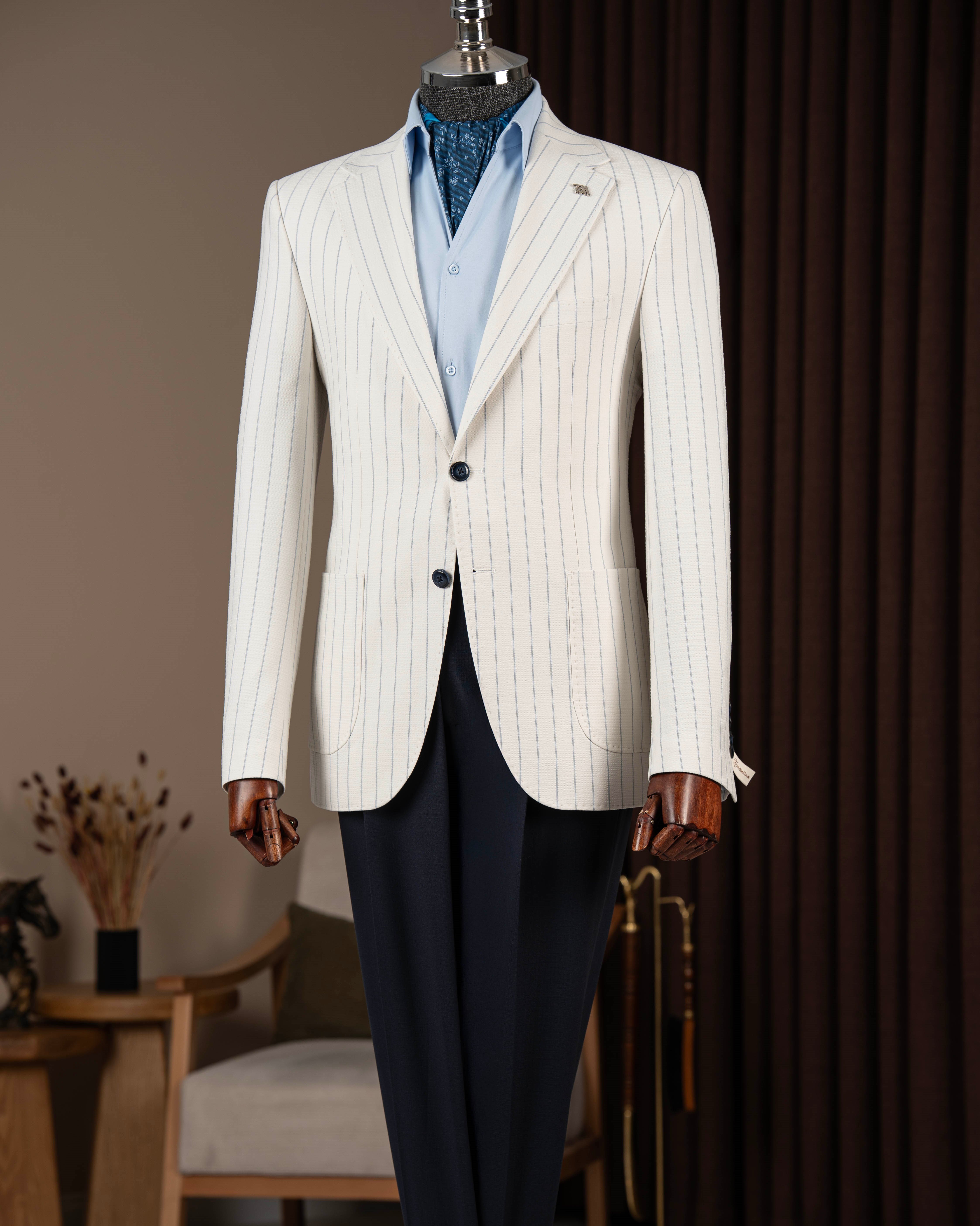 İtalyan stil slim fit erkek mono yaka çizgili torba cep ceket mavi T20086-19