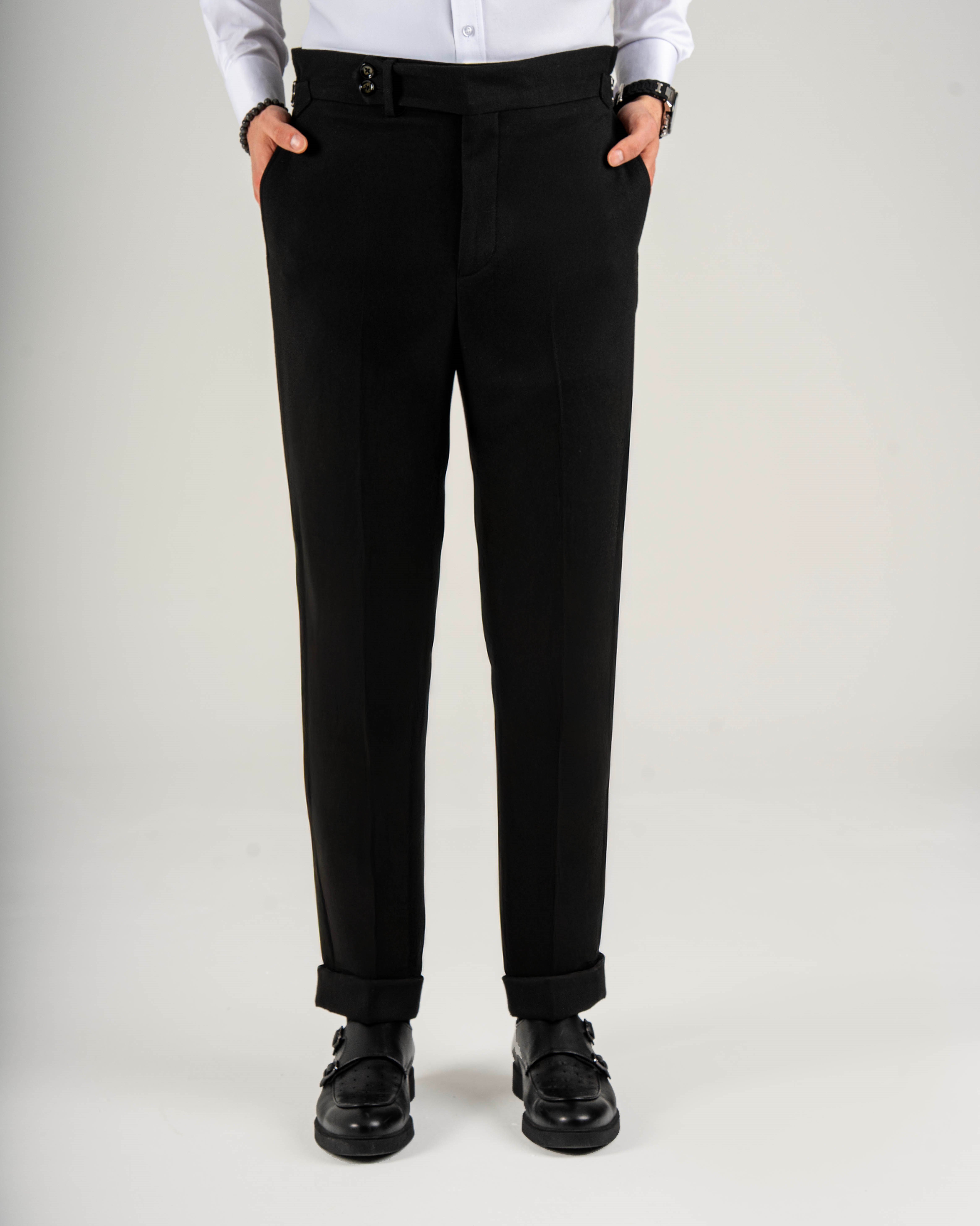 İtalyan stil slim fit bel detaylı erkek pantolon siyah T14821