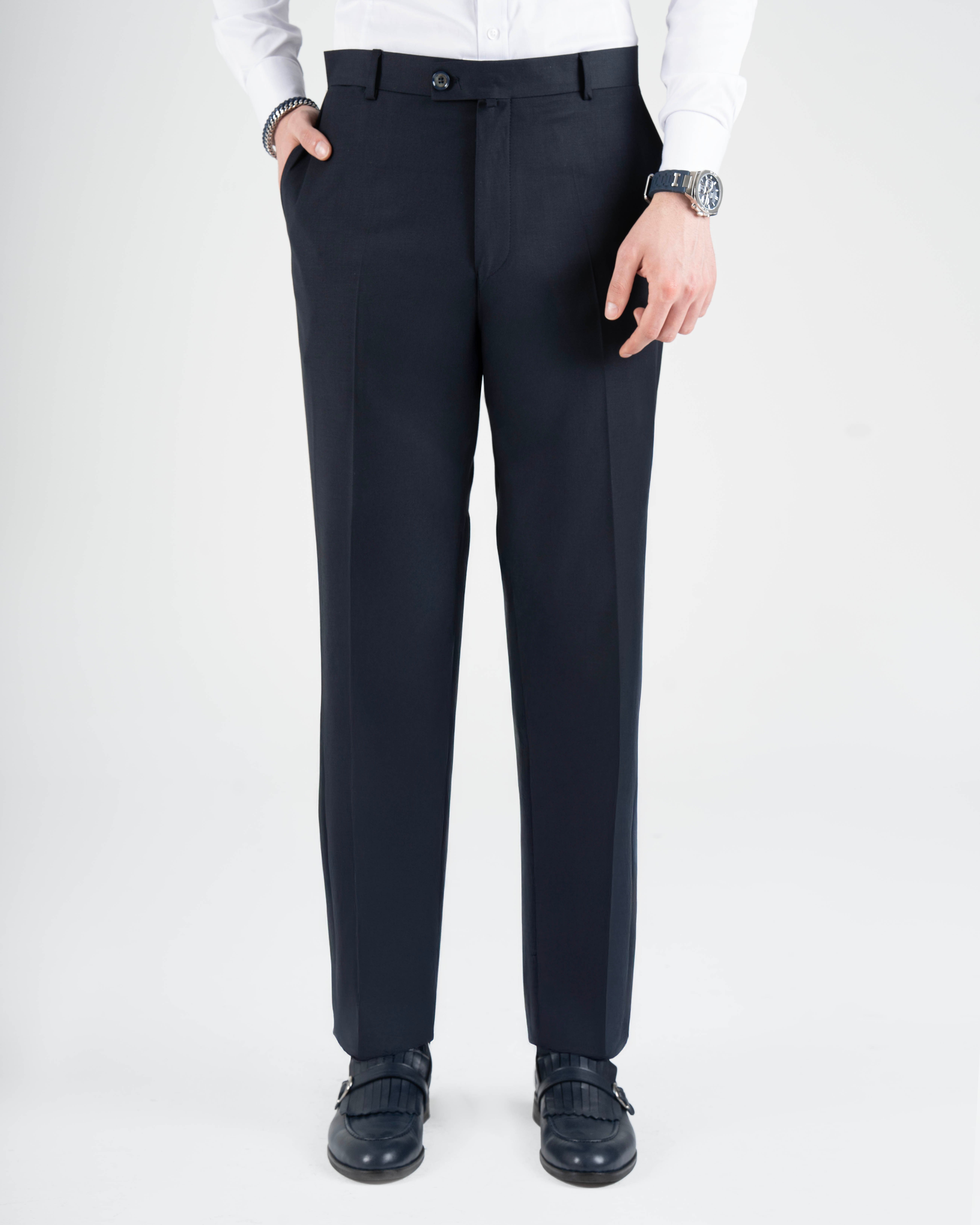 İtalyan stil slim fit erkek klasik kumaş pantolon lacivert T20092-02