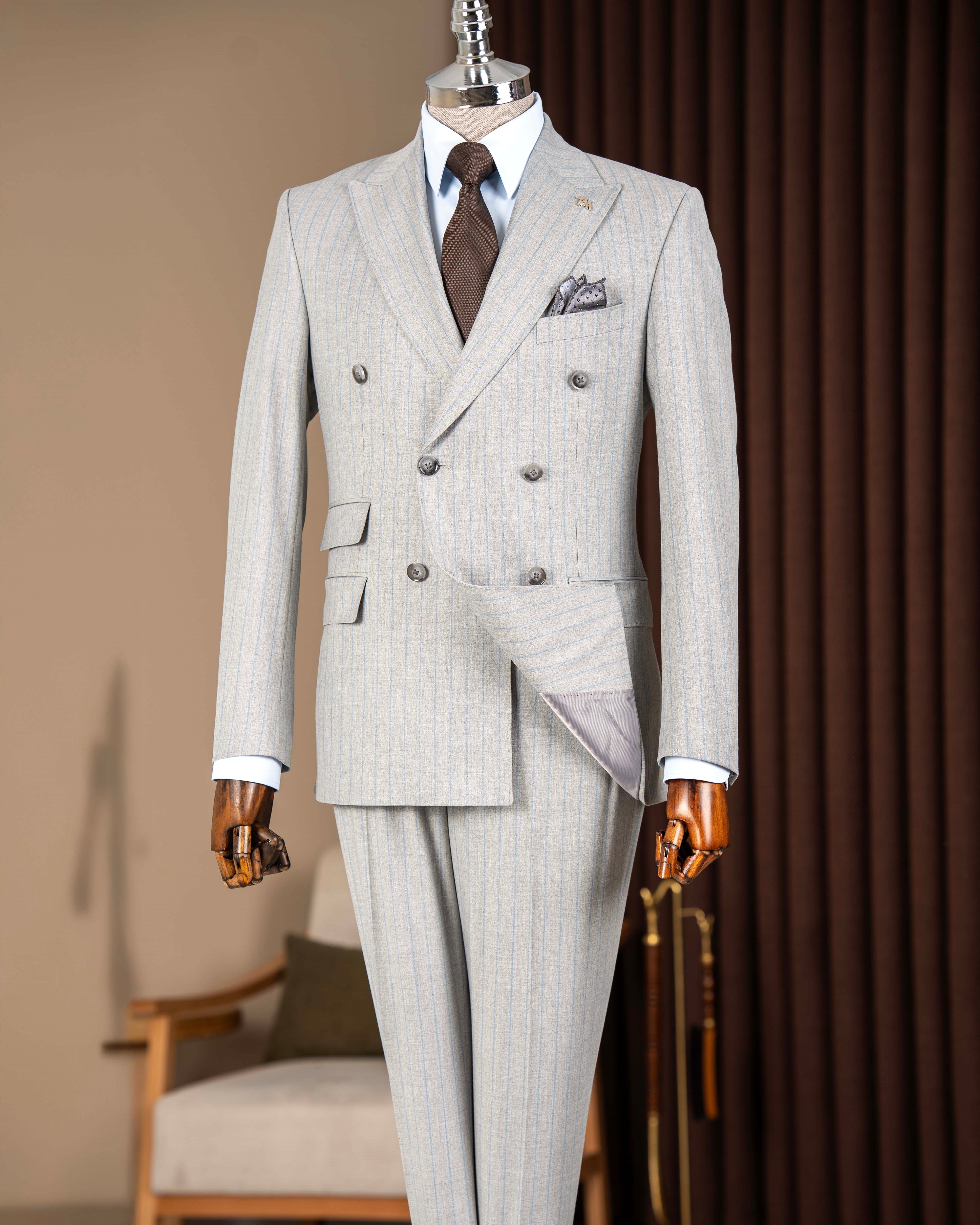 Slim fit erkek sivri yaka çizgili kruvaze ceket pantolon takım elbise gri T20142-04