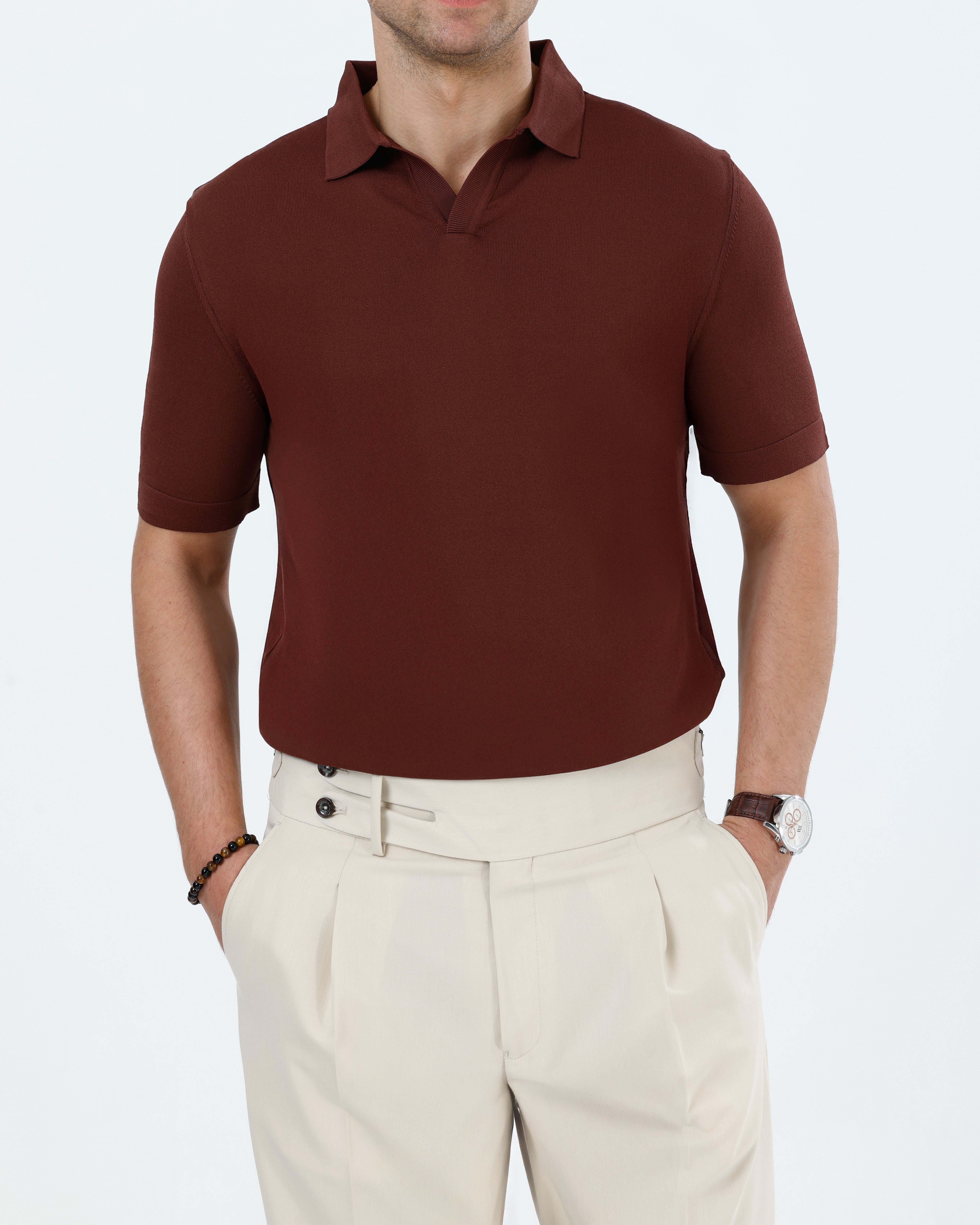İtalyan stil slim fit polo yaka triko tişört taba T13756