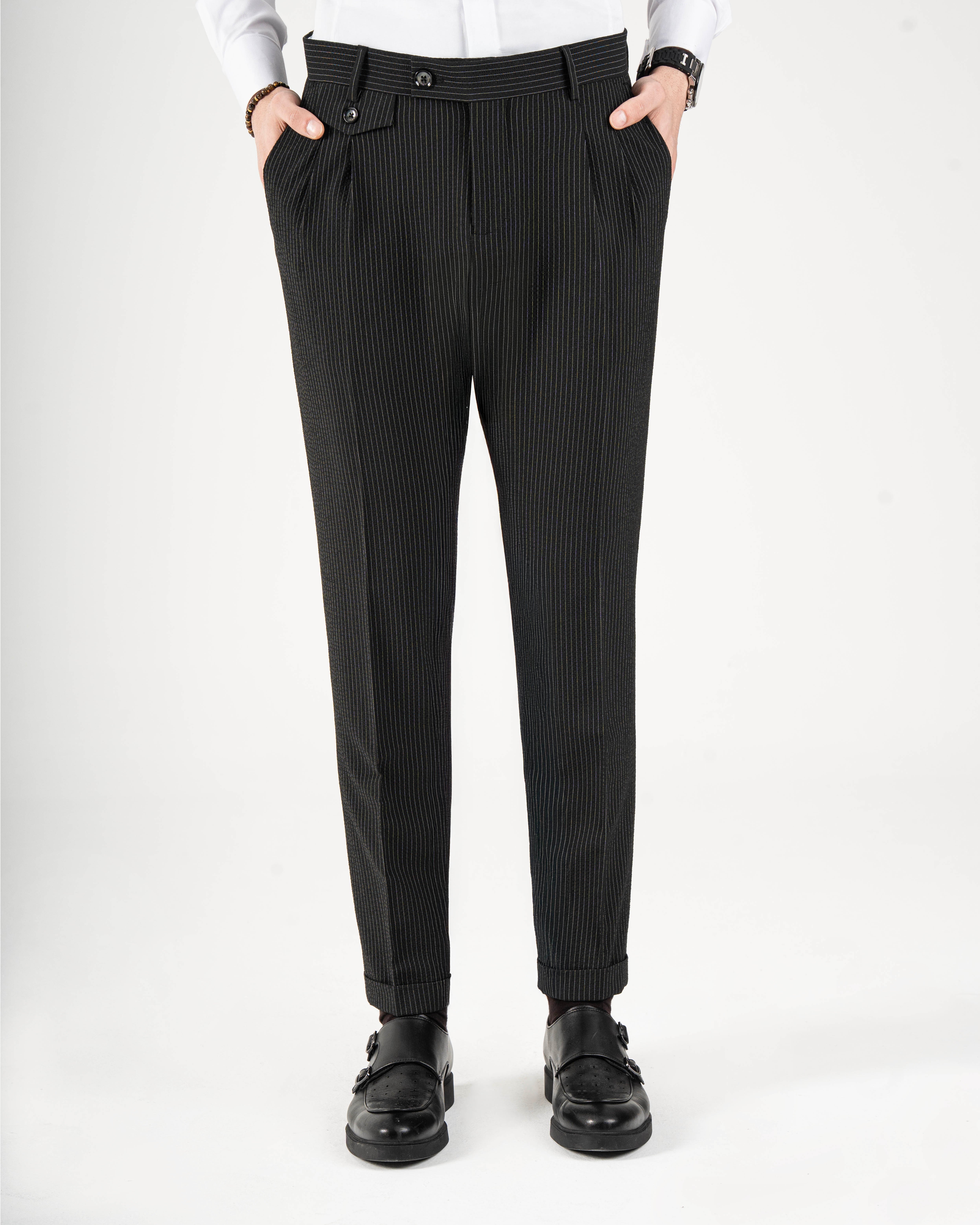 İtalyan stil slim fit erkek bel detaylı pantolon siyah T20036-01