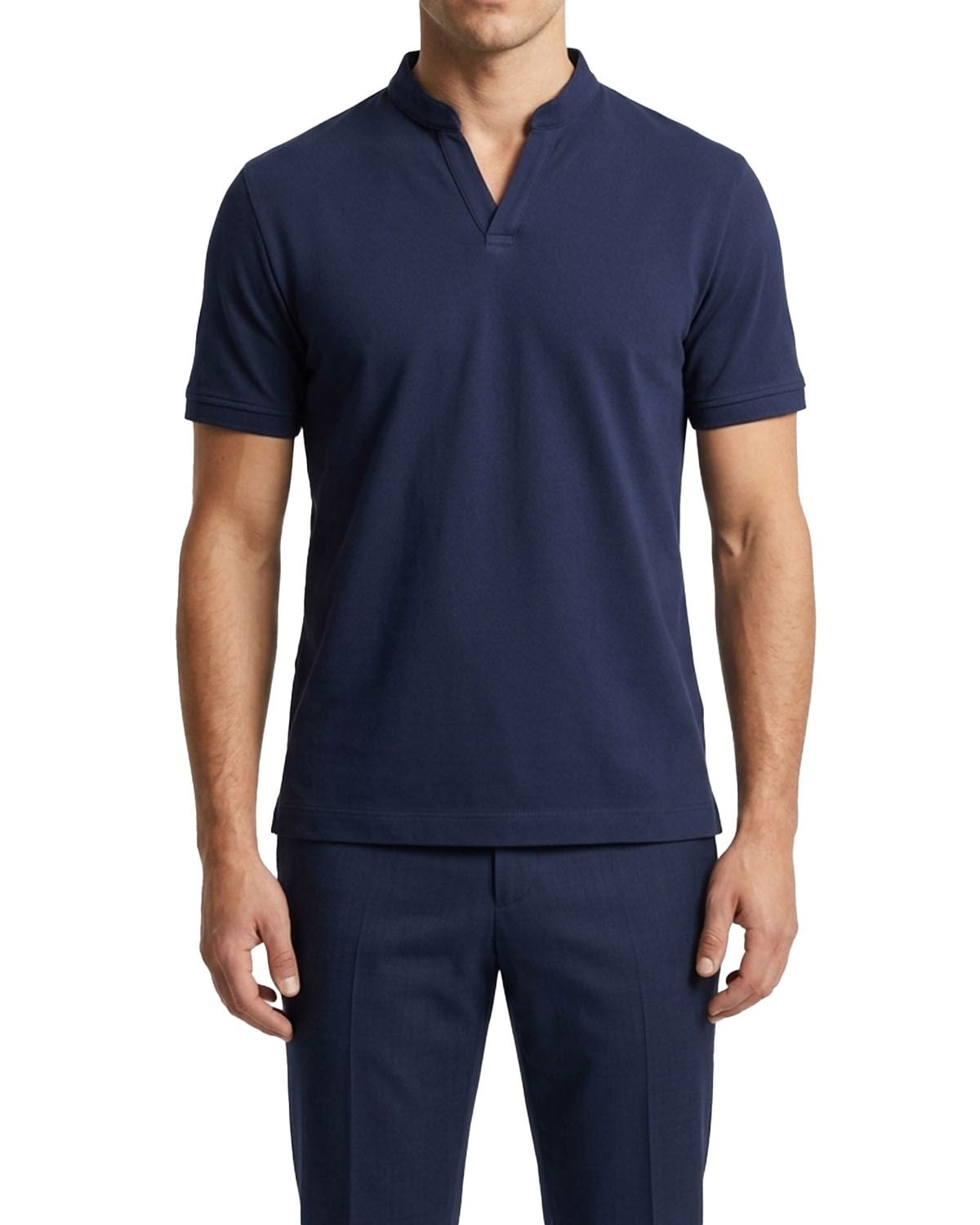 İtalyan stil slim fit erkek polo V yaka kısa kollu triko tişört lacivert T20045-02