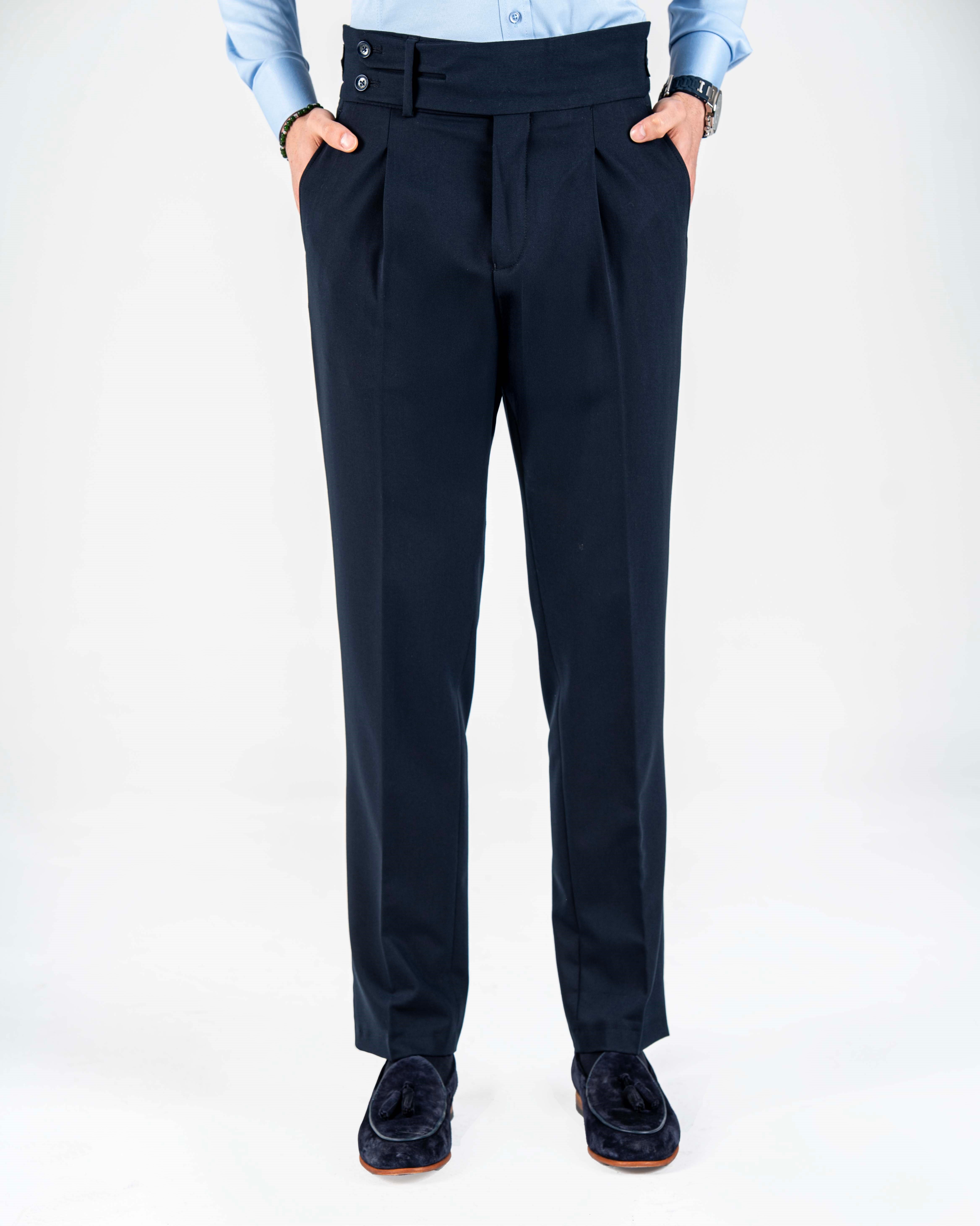 İtalyan stil slim fit erkek bel detaylı tokalı pantolon lacivert T20037-02