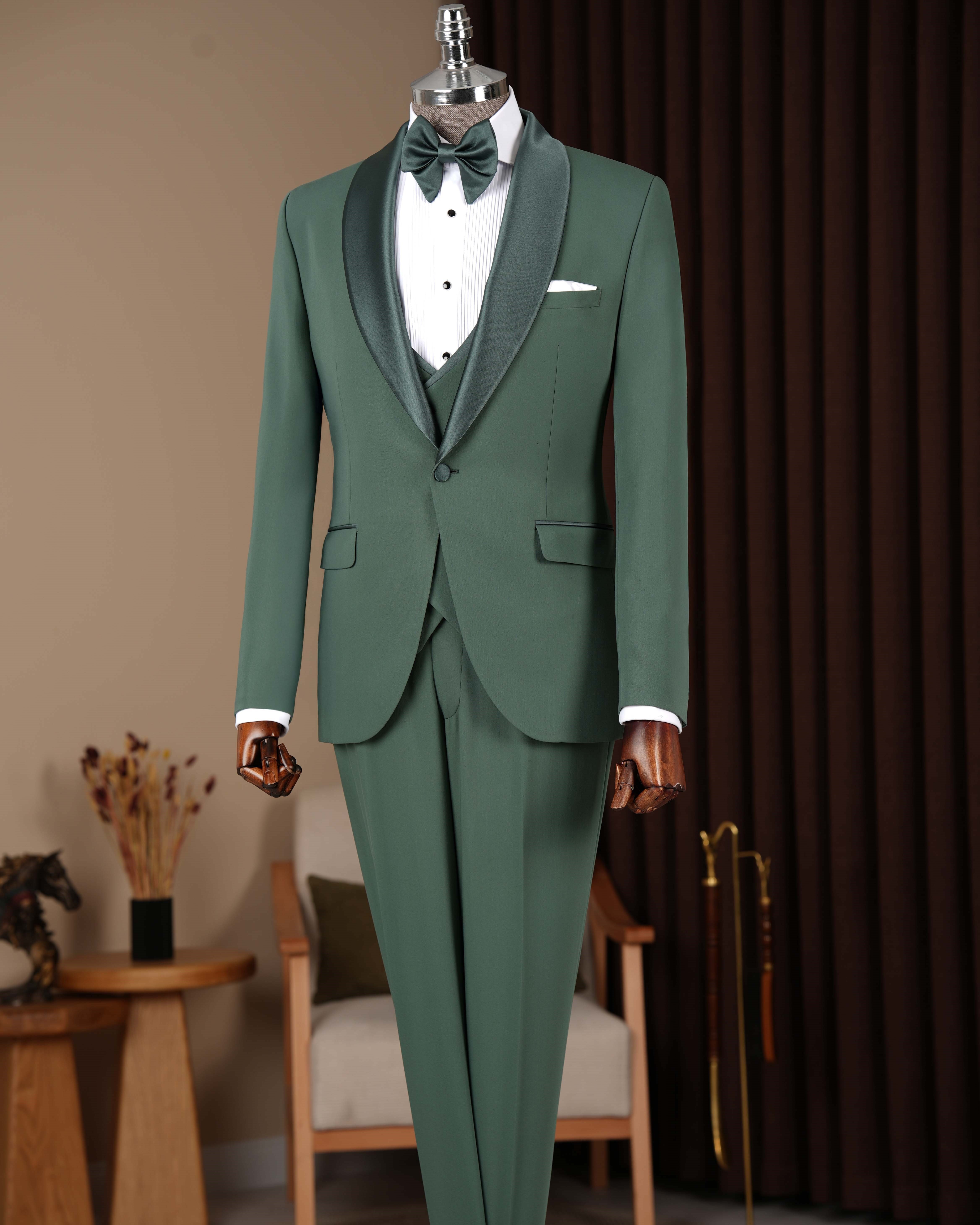 İtalyan stil slim fit erkek şal yaka ceket yelek pantolon damatlık set yeşil T20067-28