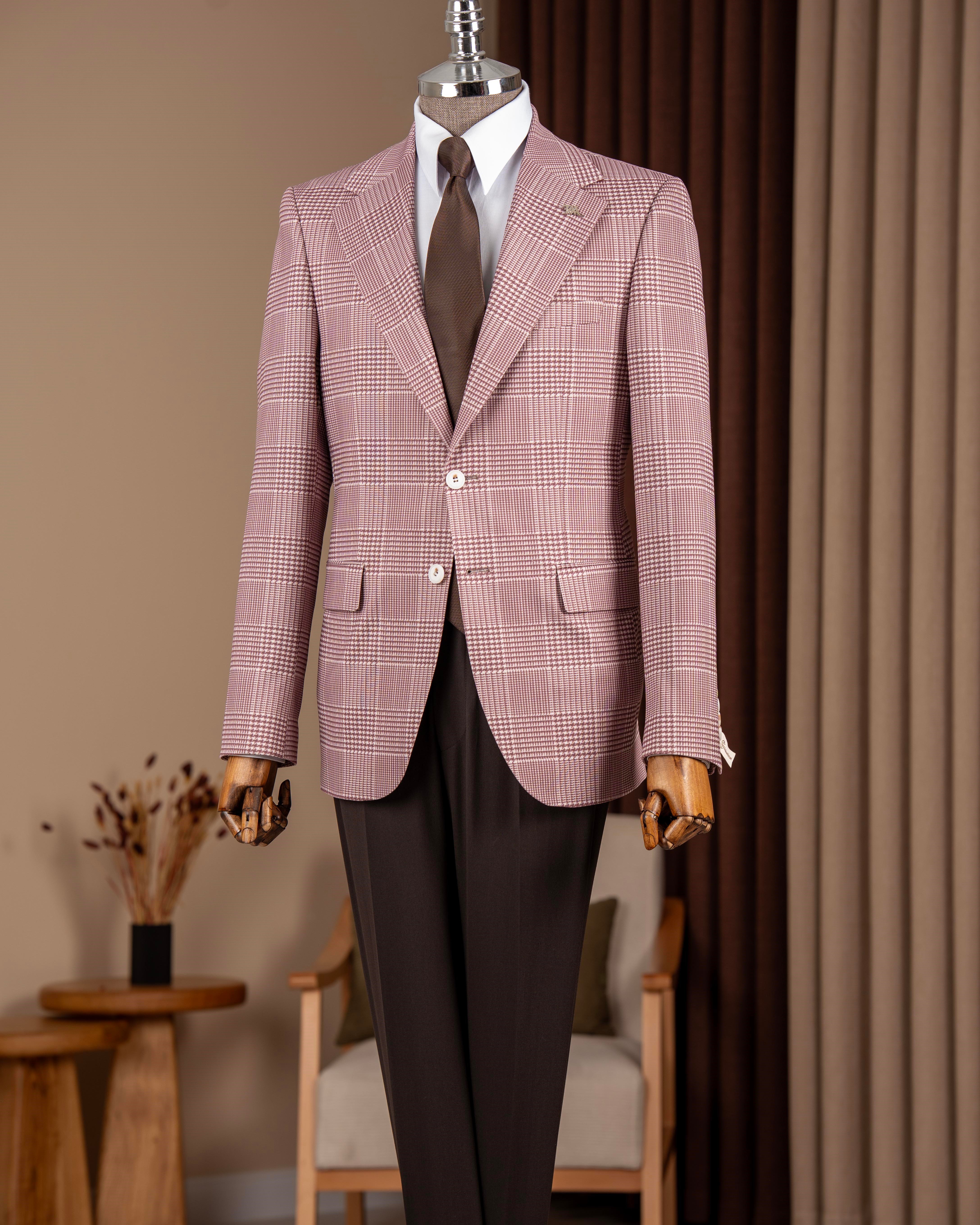 Slim fit erkek mono yaka kazayağı desenli ceket bordo T20133-10