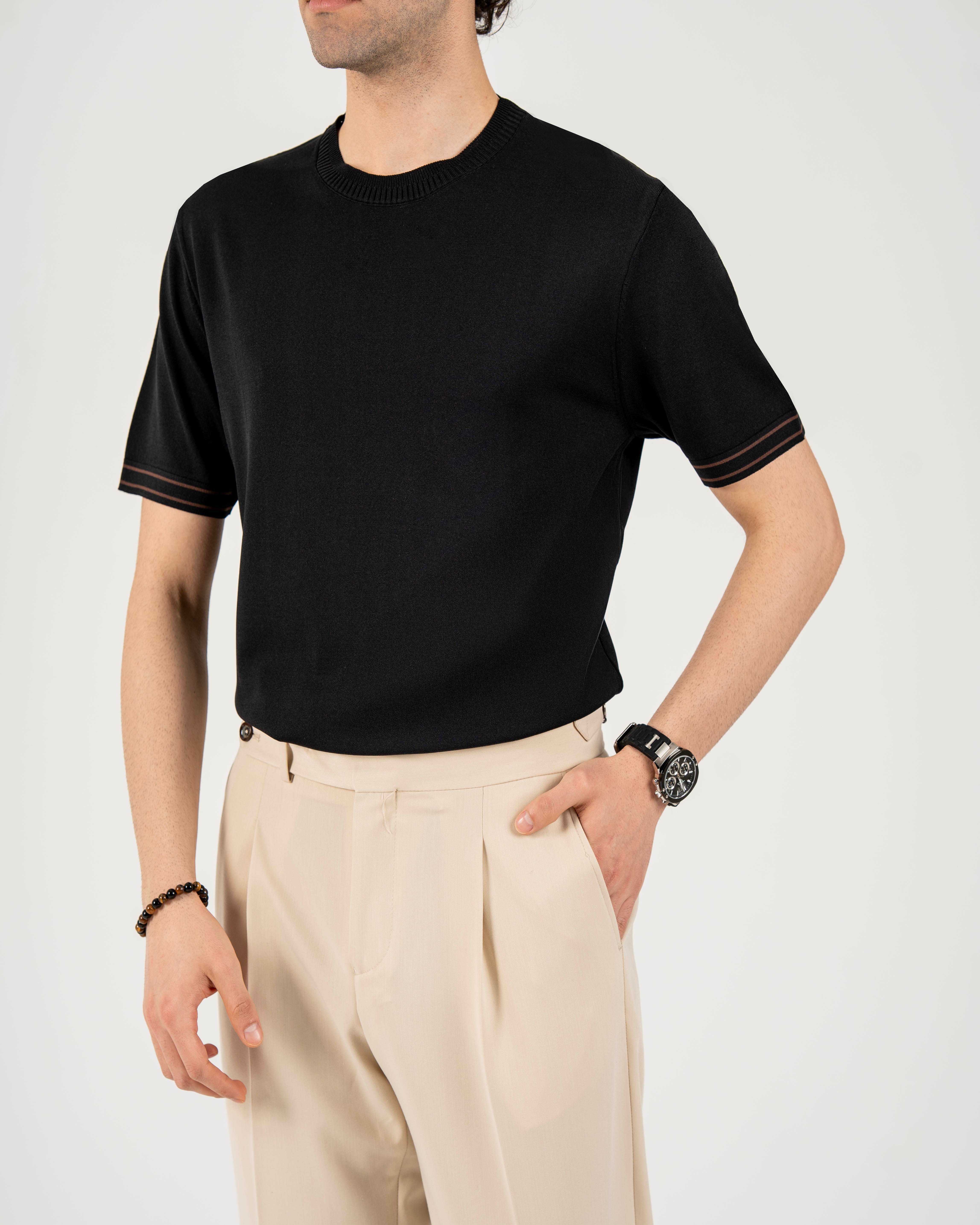 İtalyan stil slim fit erkek bisiklet yaka kısa kollu triko tişört siyah T20031-01