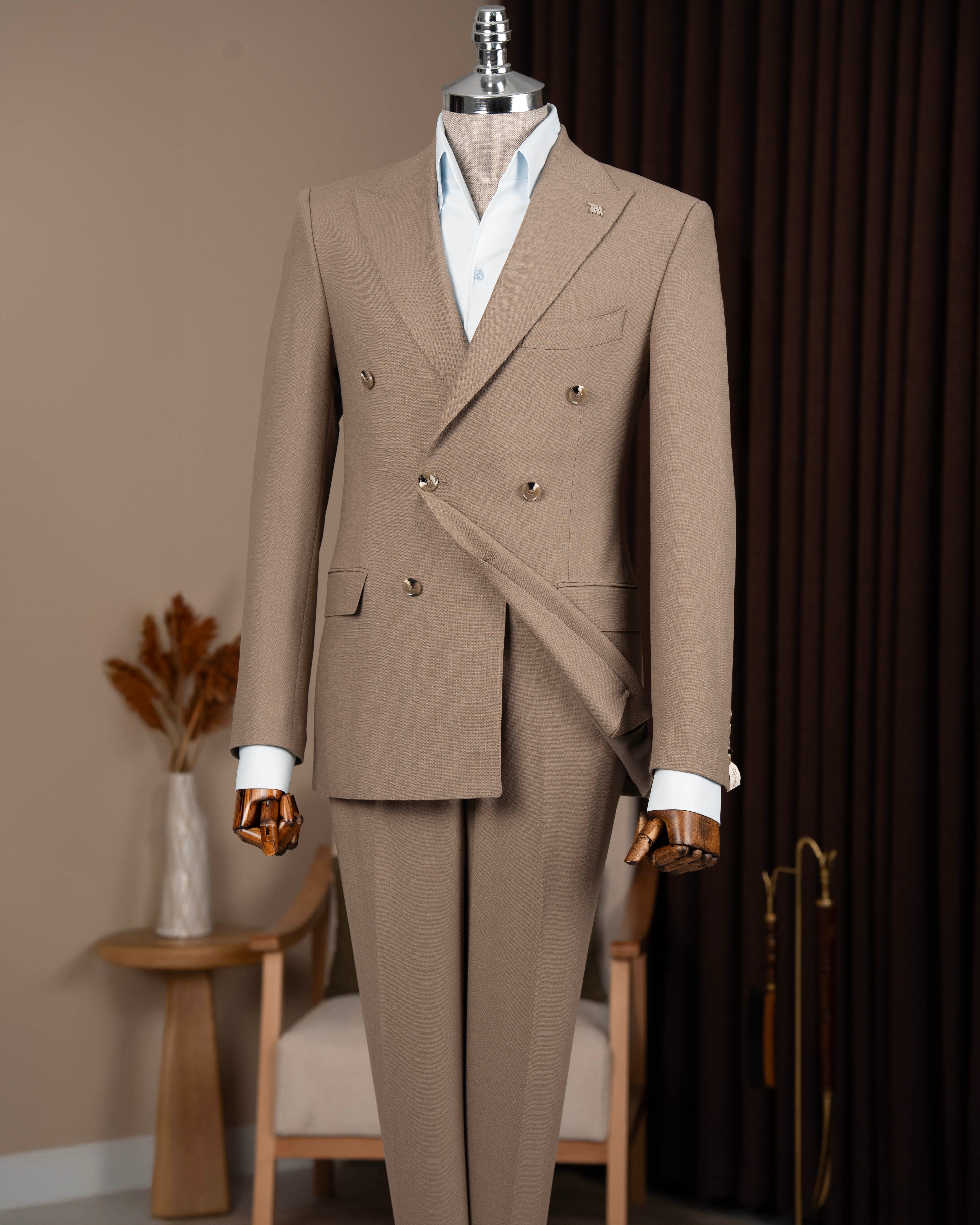 Slim fit erkek kruvaze sivri yaka ceket pantolon takım elbise haki T20097-06