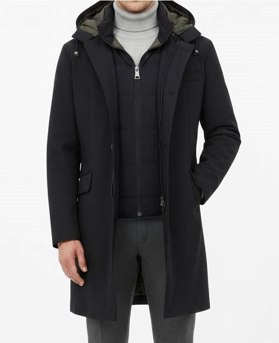 İtalyan stil slim fit erkek kapüşonlü uzun mont siyah T13085