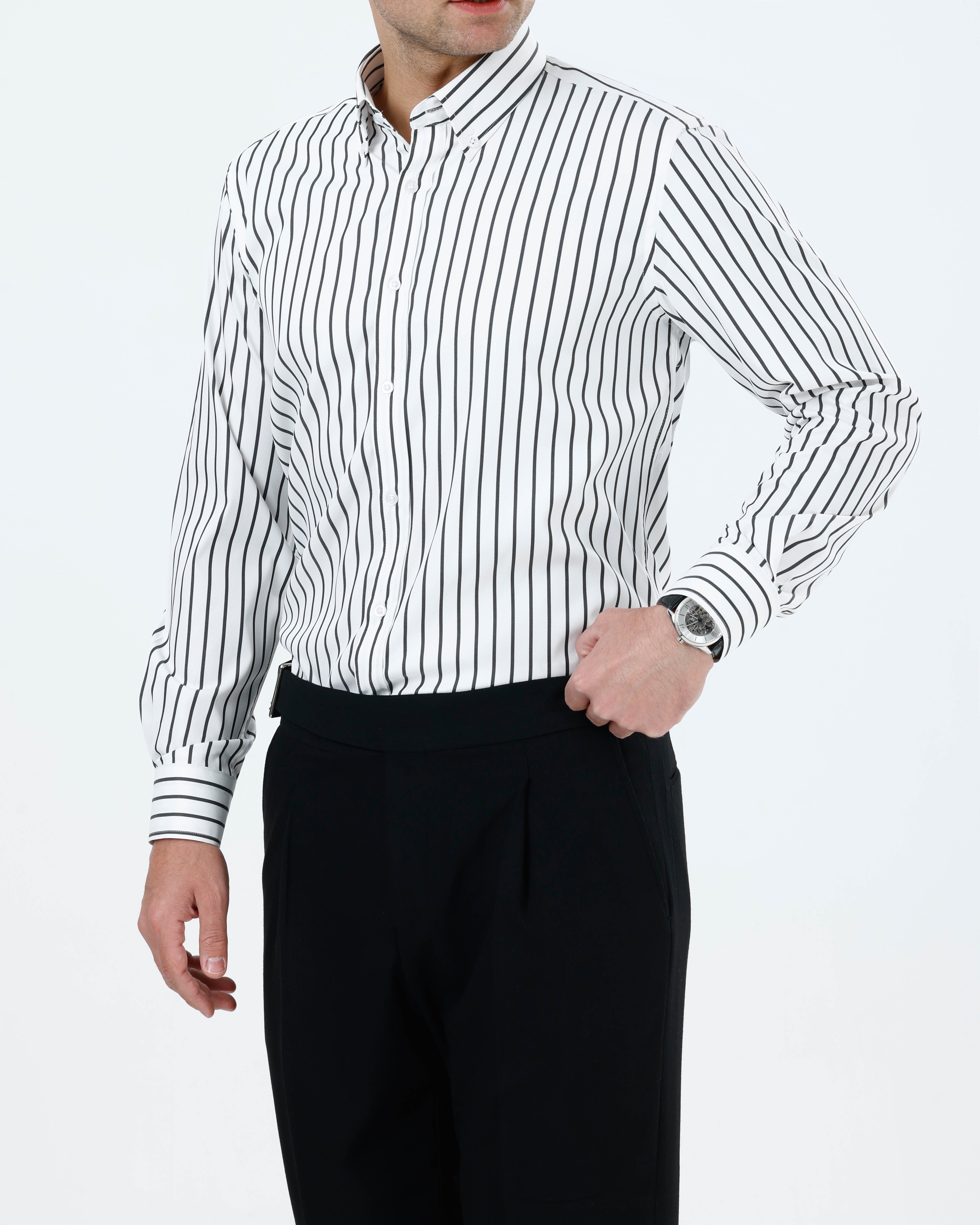 Slim fit erkek çizgili likralı kravat yaka gömlek siyah T20059-01