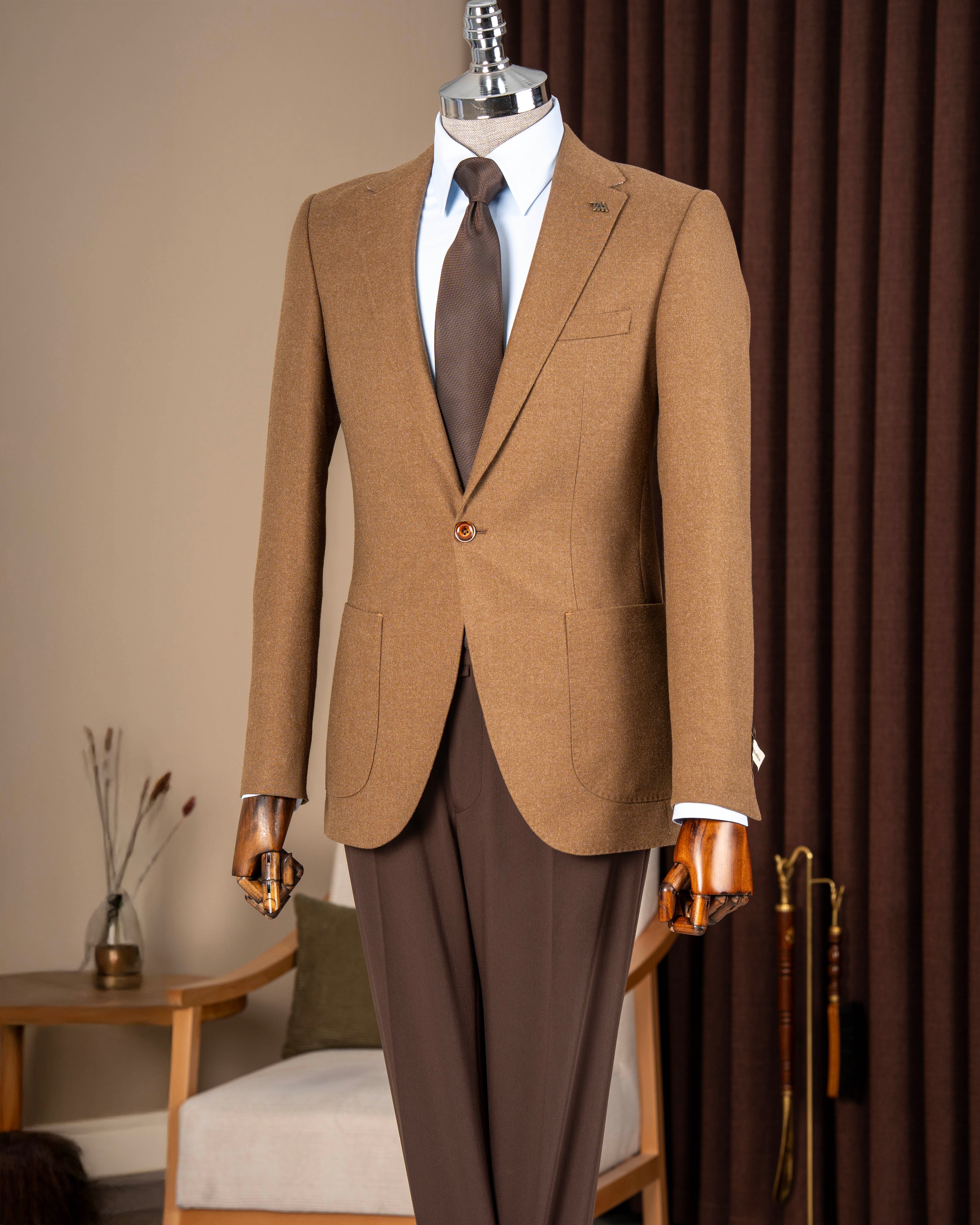 İtalyan stil slim fit mono yaka torba cep erkek ceket kahverengi T10347