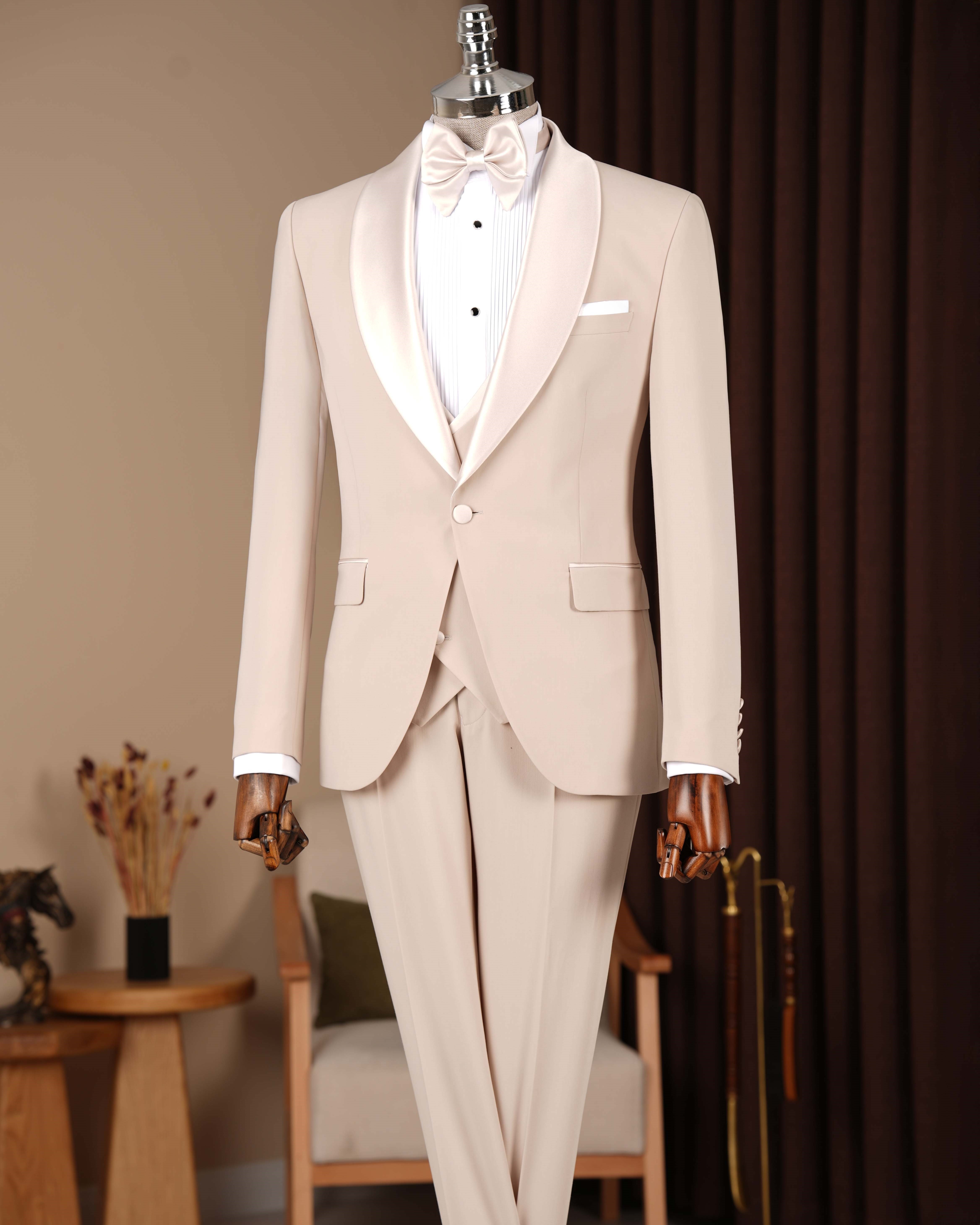 İtalyan stil slim fit erkek şal yaka ceket yelek pantolon damatlık set bej T20067-09