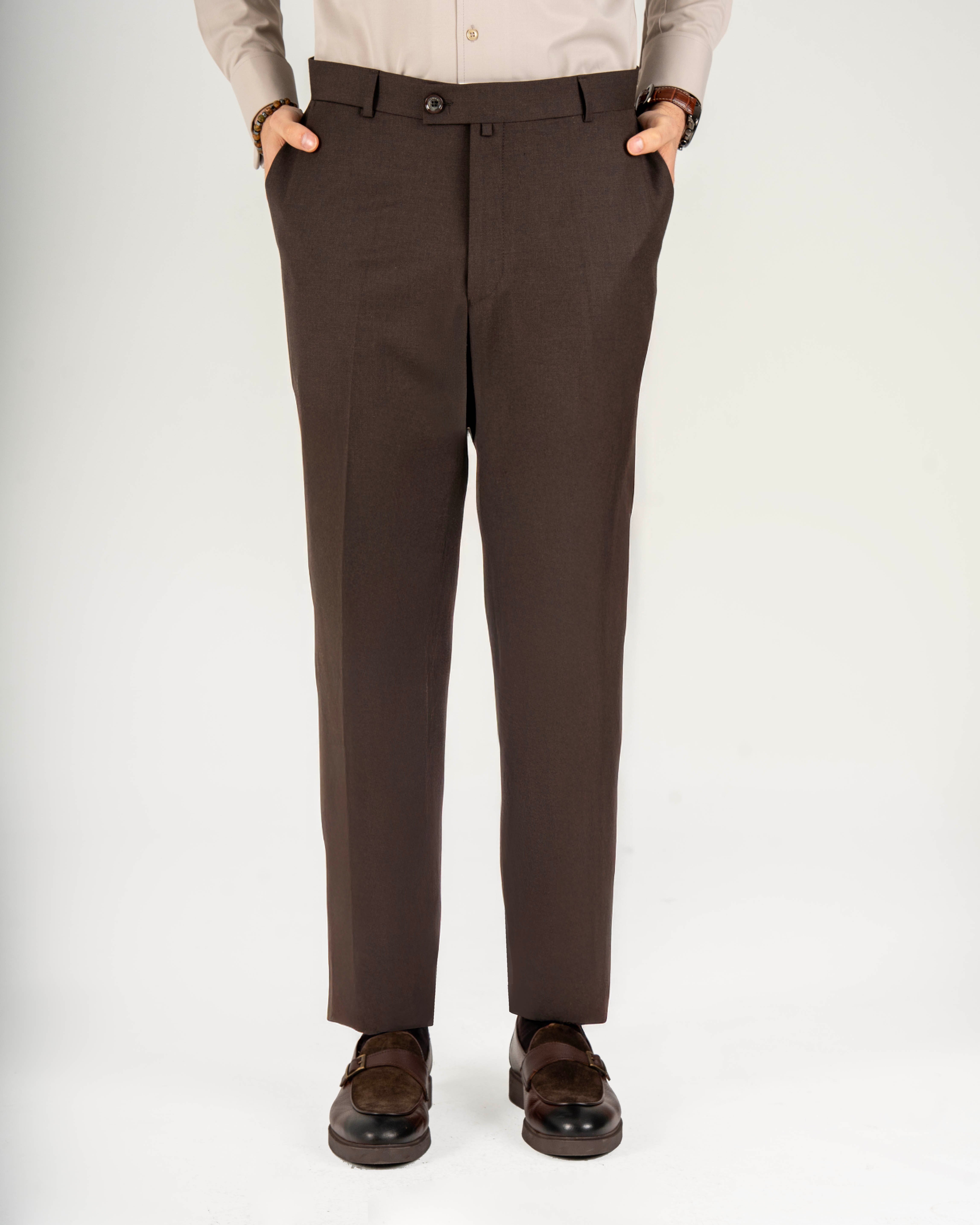 İtalyan stil slim fit erkek klasik kumaş pantolon kahverengi T20092-03