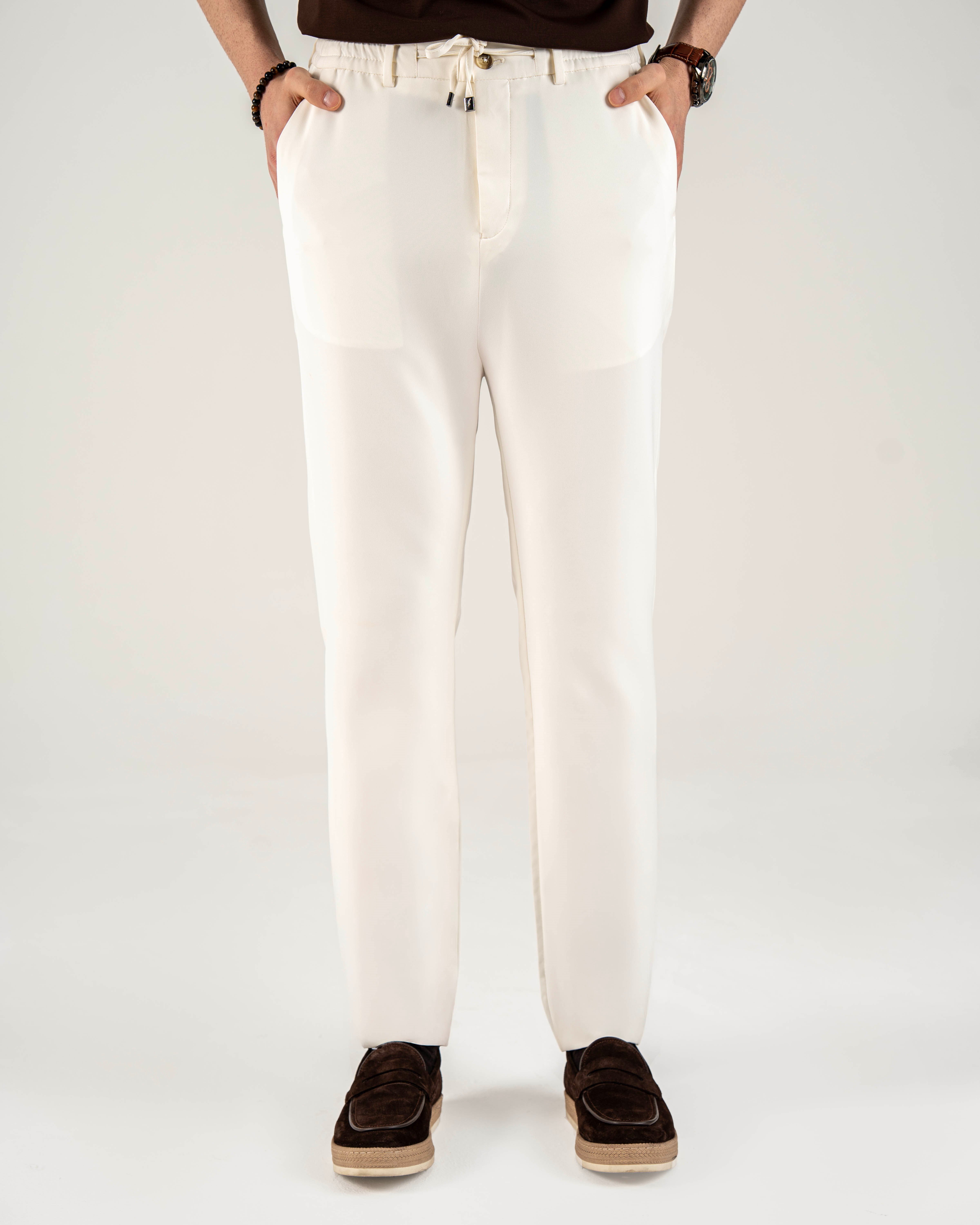 İtalyan stil slim fit erkek beli bağcıklı pantalon ekru T14558