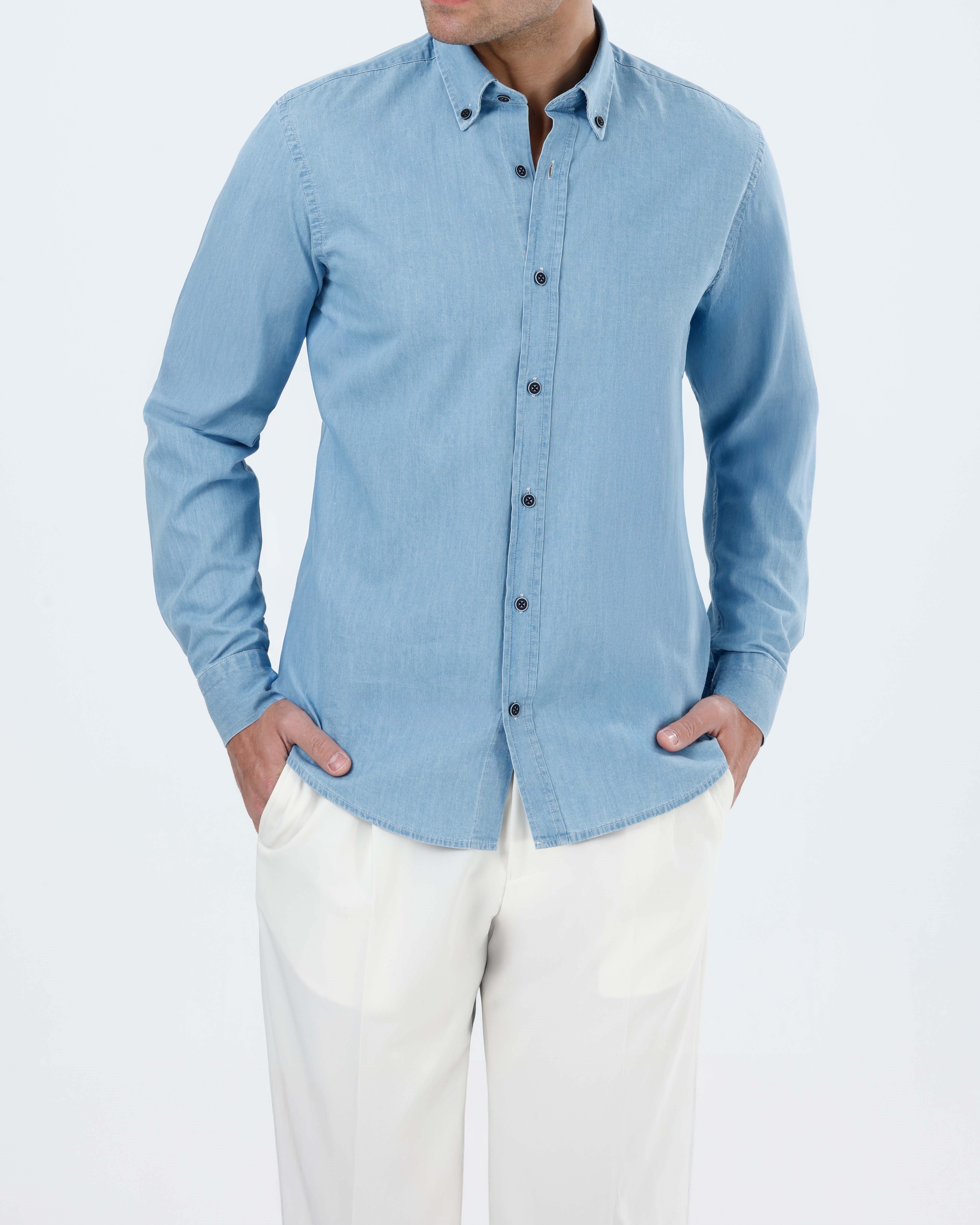 Slim fit erkek düğmeli yaka kot gömlek mavi T20106-19