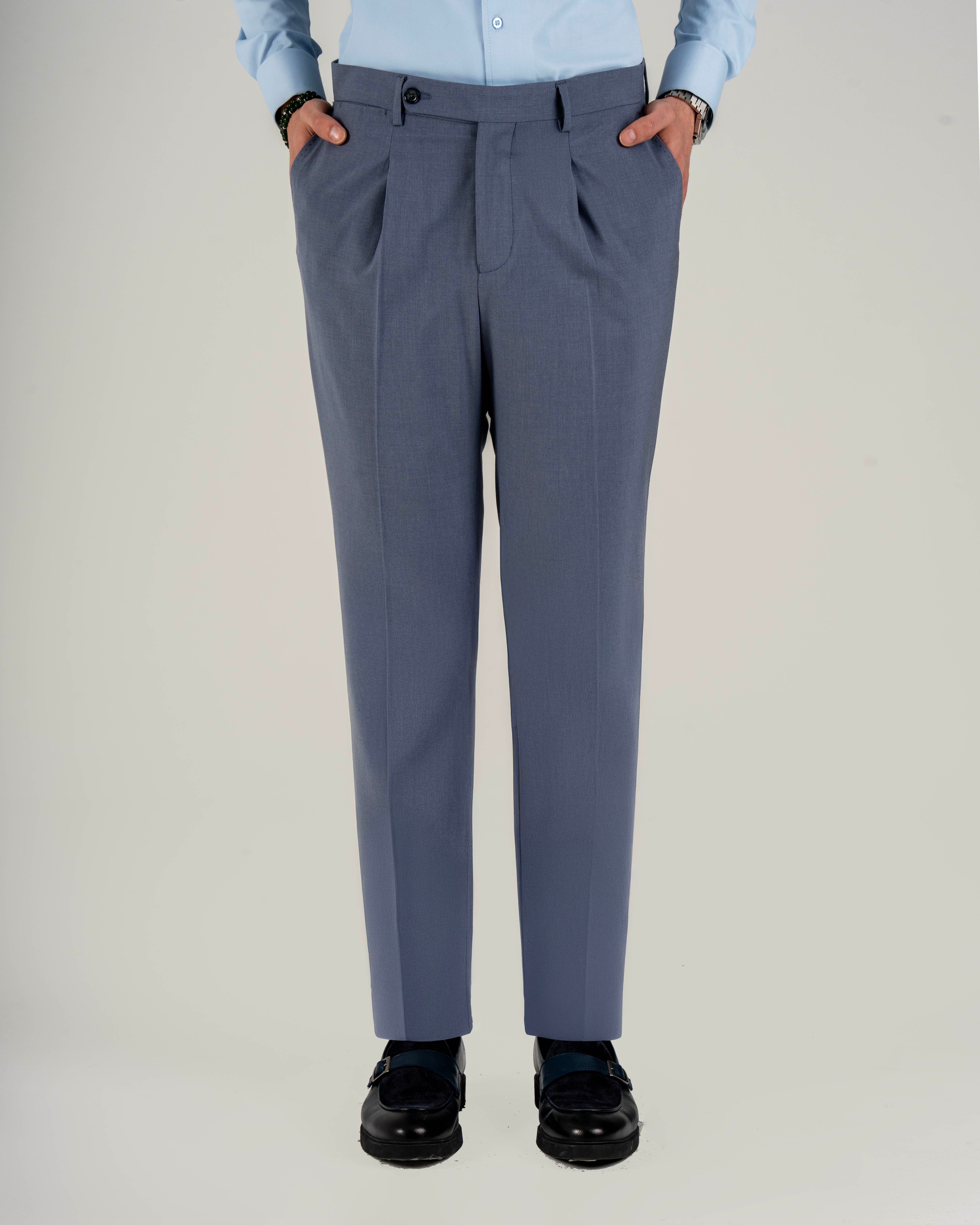 İtalyan stil slim fit erkek kumaş pantolon indigo T20038-13