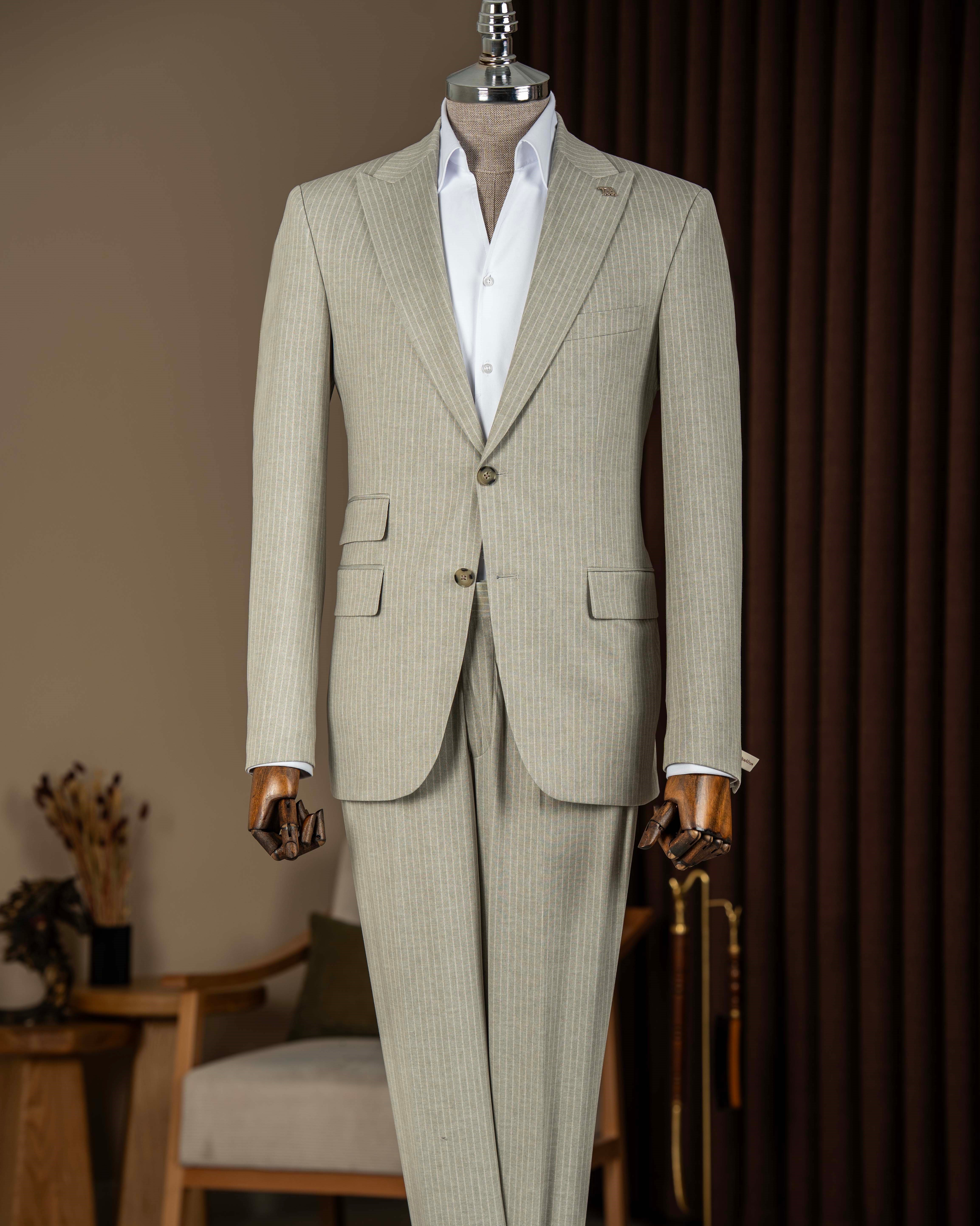 Slim fit erkek sivri yaka çizgili ceket pantalon takım elbise mint yeşili T20114-32