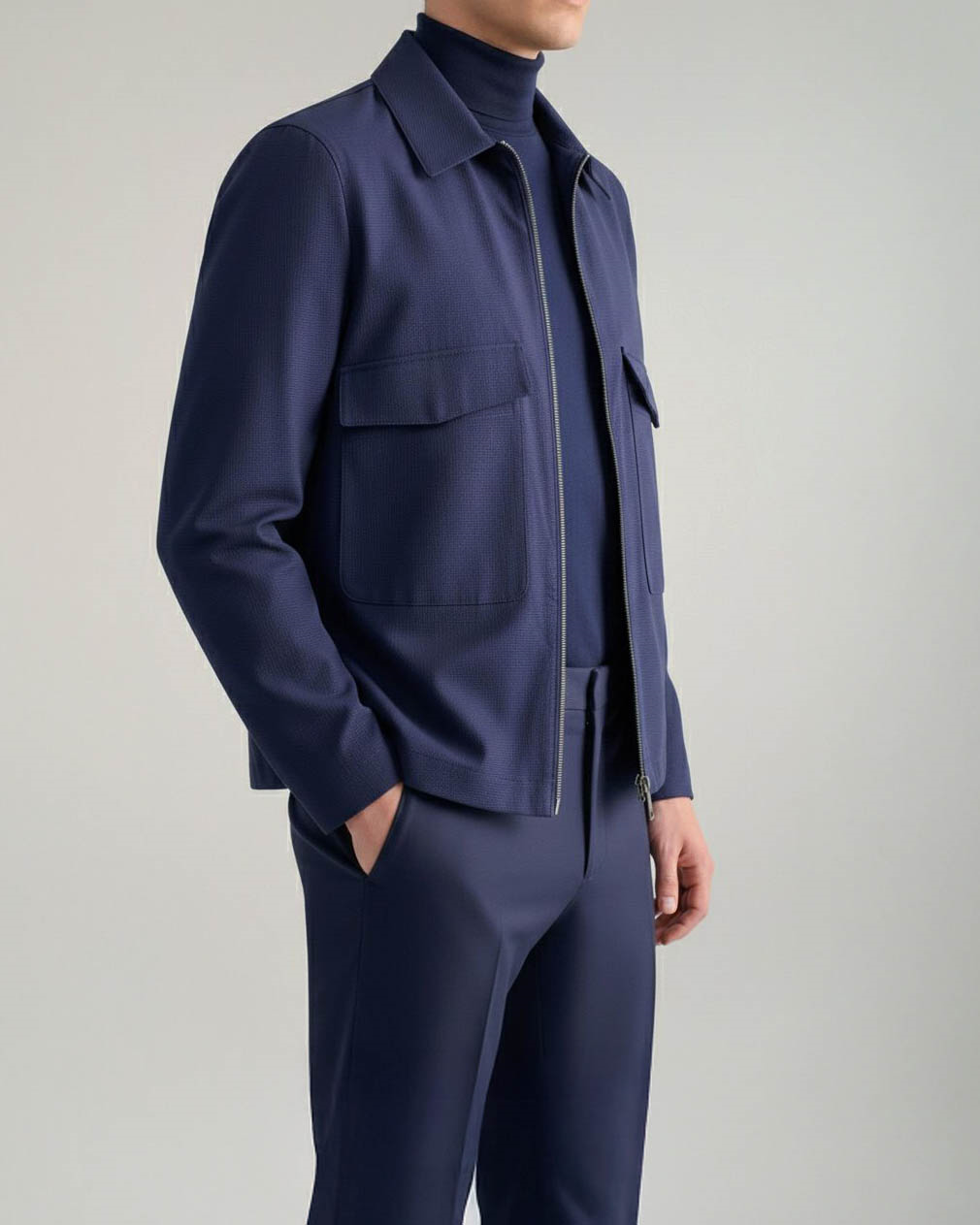 Italyan stil slim fit cep detaylı mevsimlik gofre kumaş mont lacivert T11896