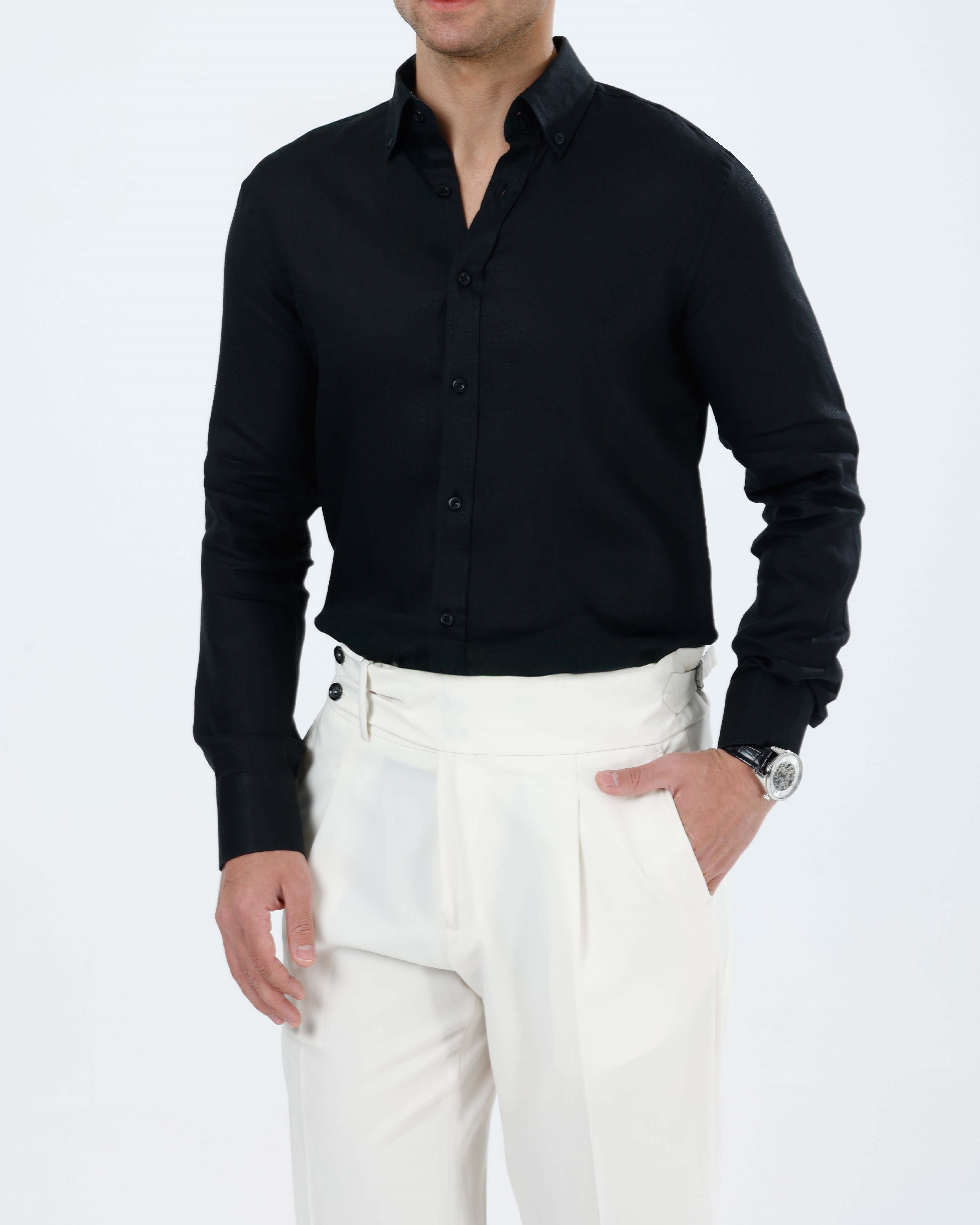 İtalyan stil slim fit erkek dik yaka keten gömlek siyah T20057-01