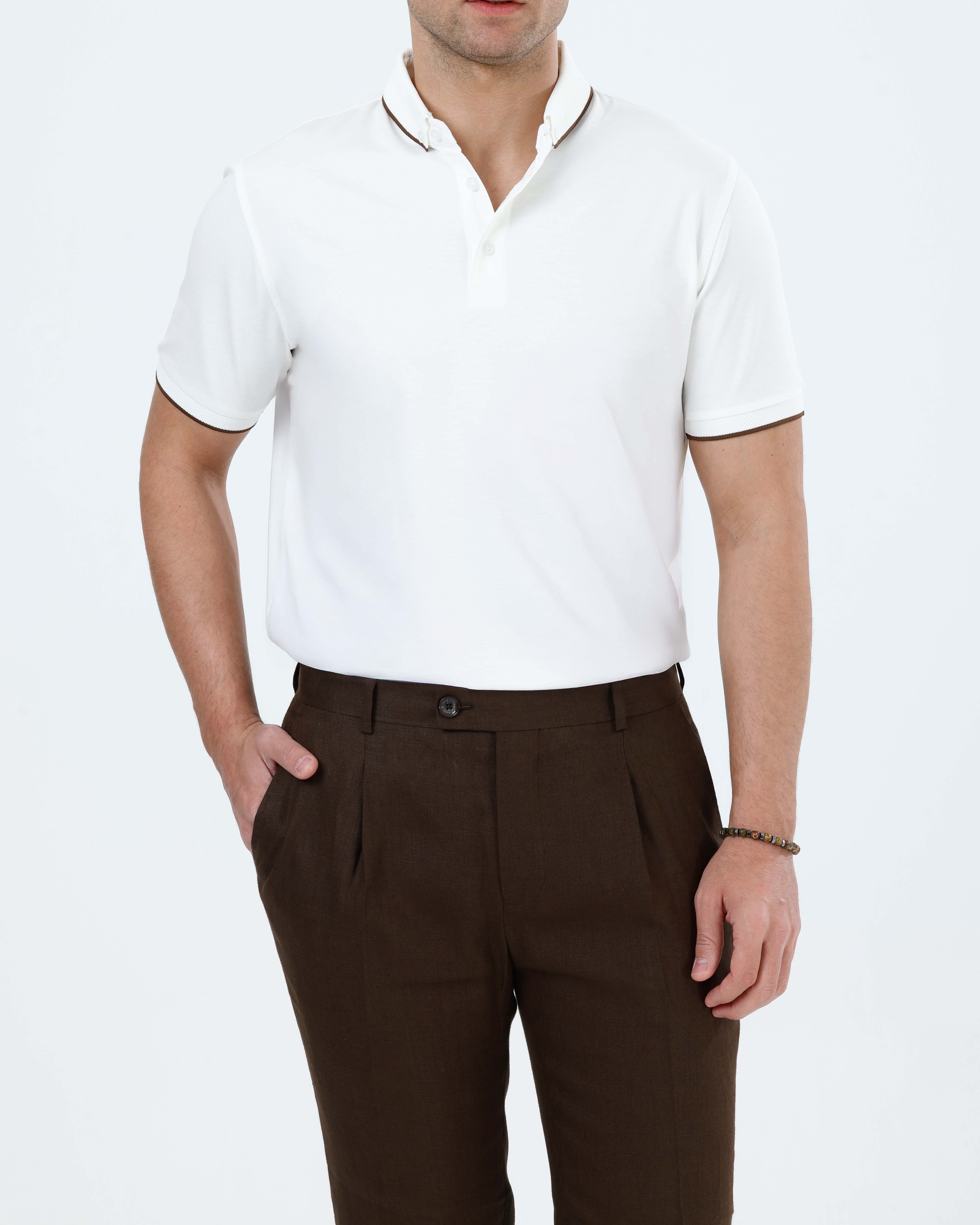 İtalyan stil slim fit erkek polo yaka kısa kollu triko tişört beyaz T20042-07