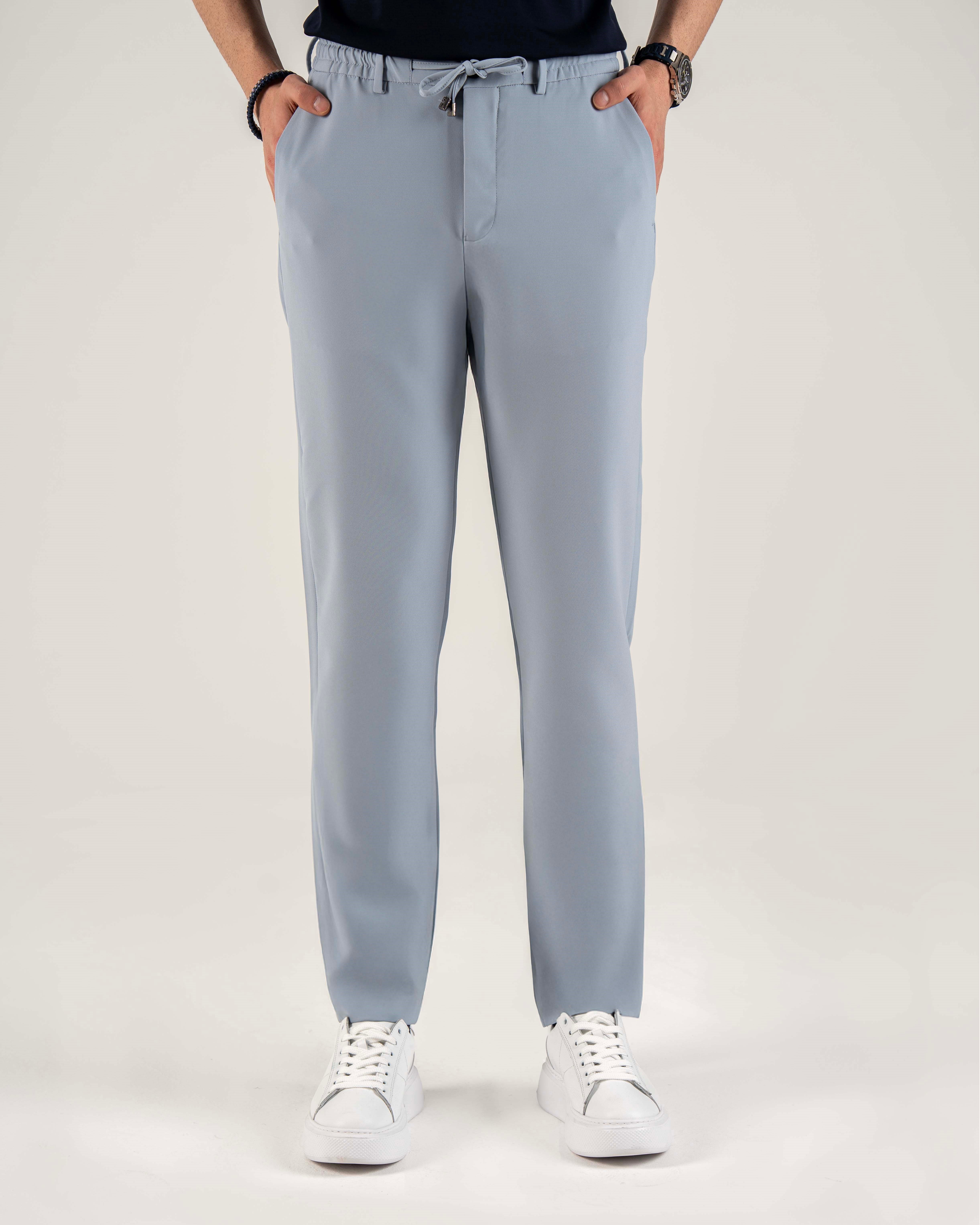 İtalyan stil slim fit erkek beli bağcıklı pantalon mavi T14557
