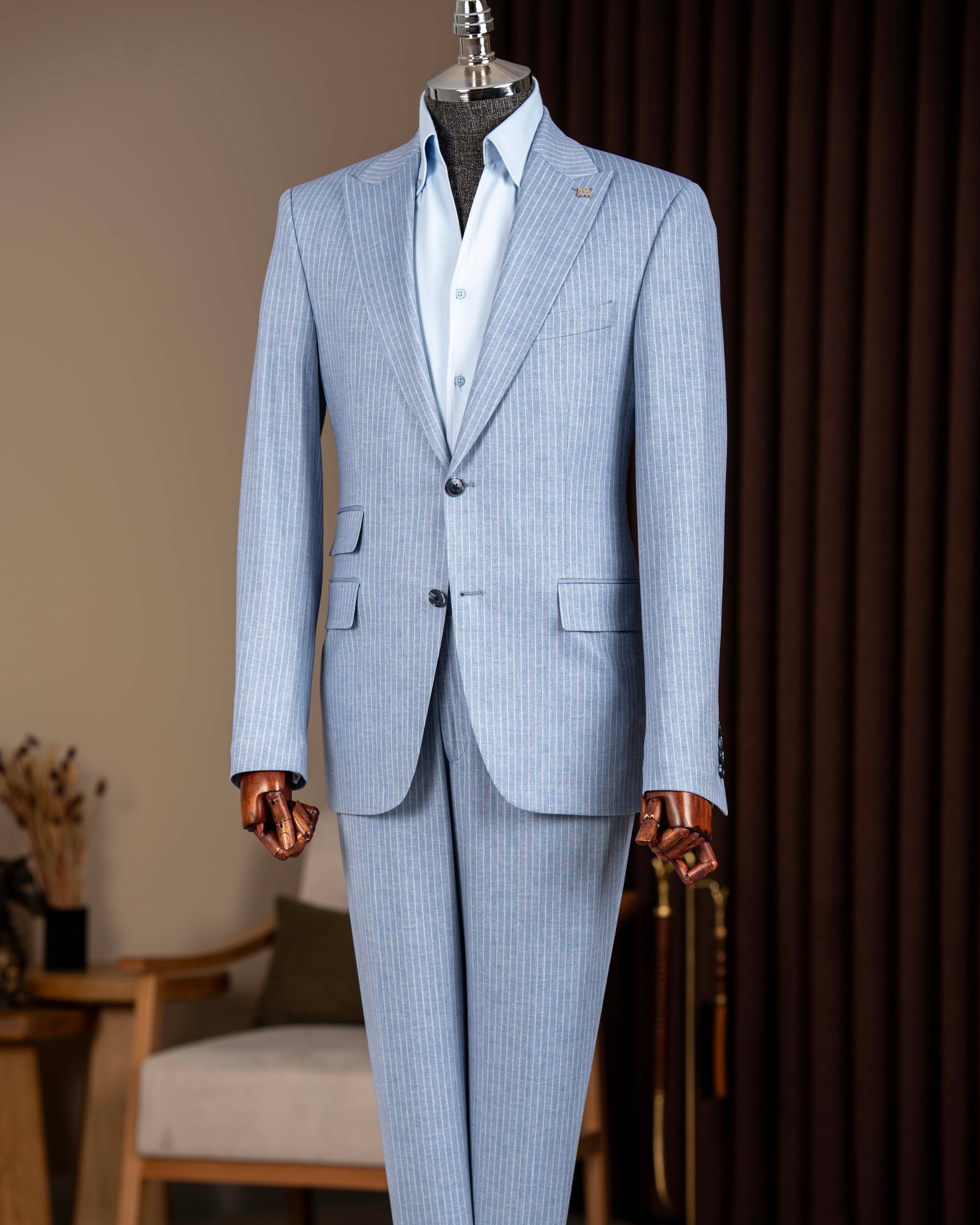 Slim fit erkek sivri yaka çizgili ceket pantalon takım elbise mavi T20114-19