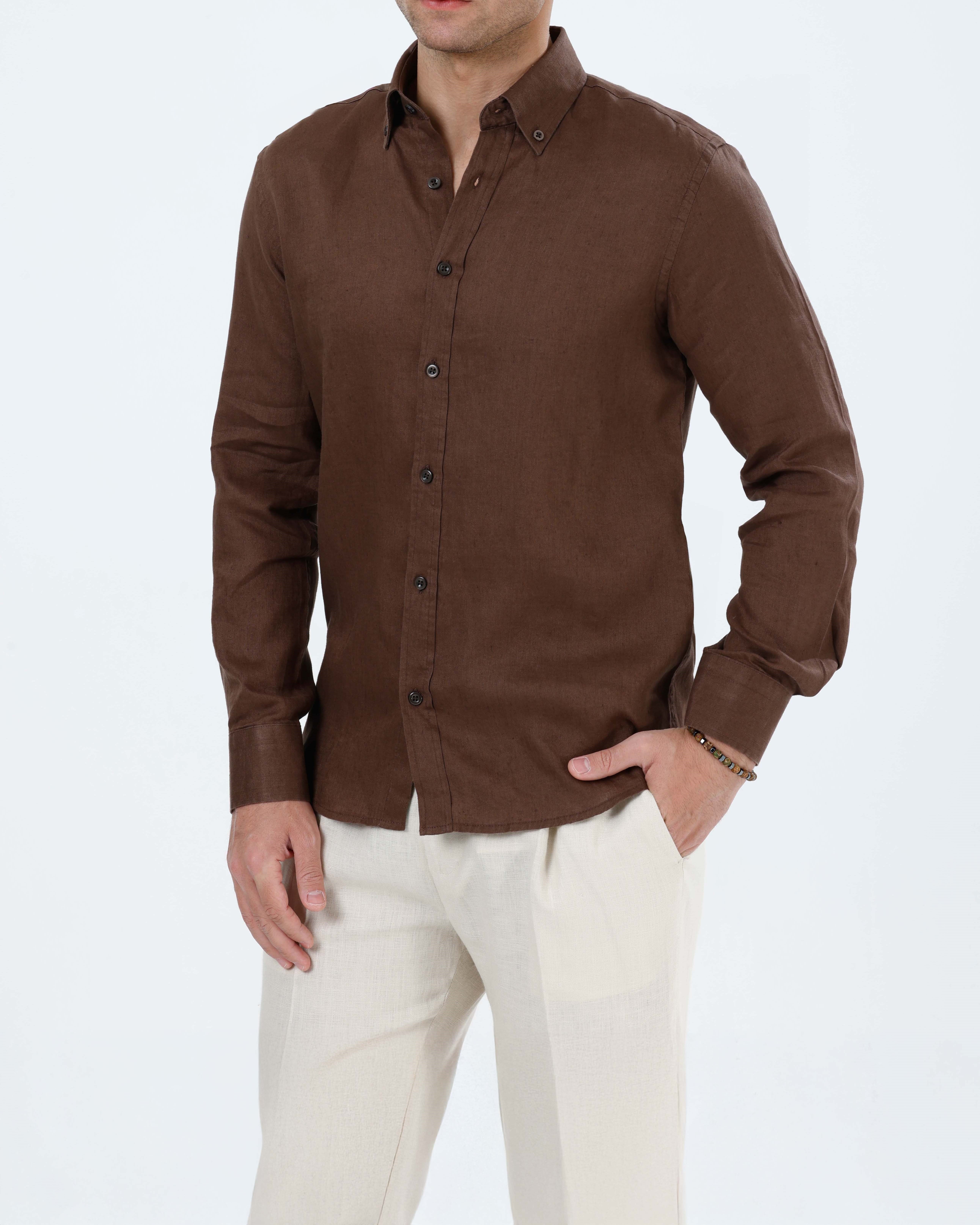 İtalyan stil slim fit erkek dik yaka keten gömlek kahverengi T20057-03