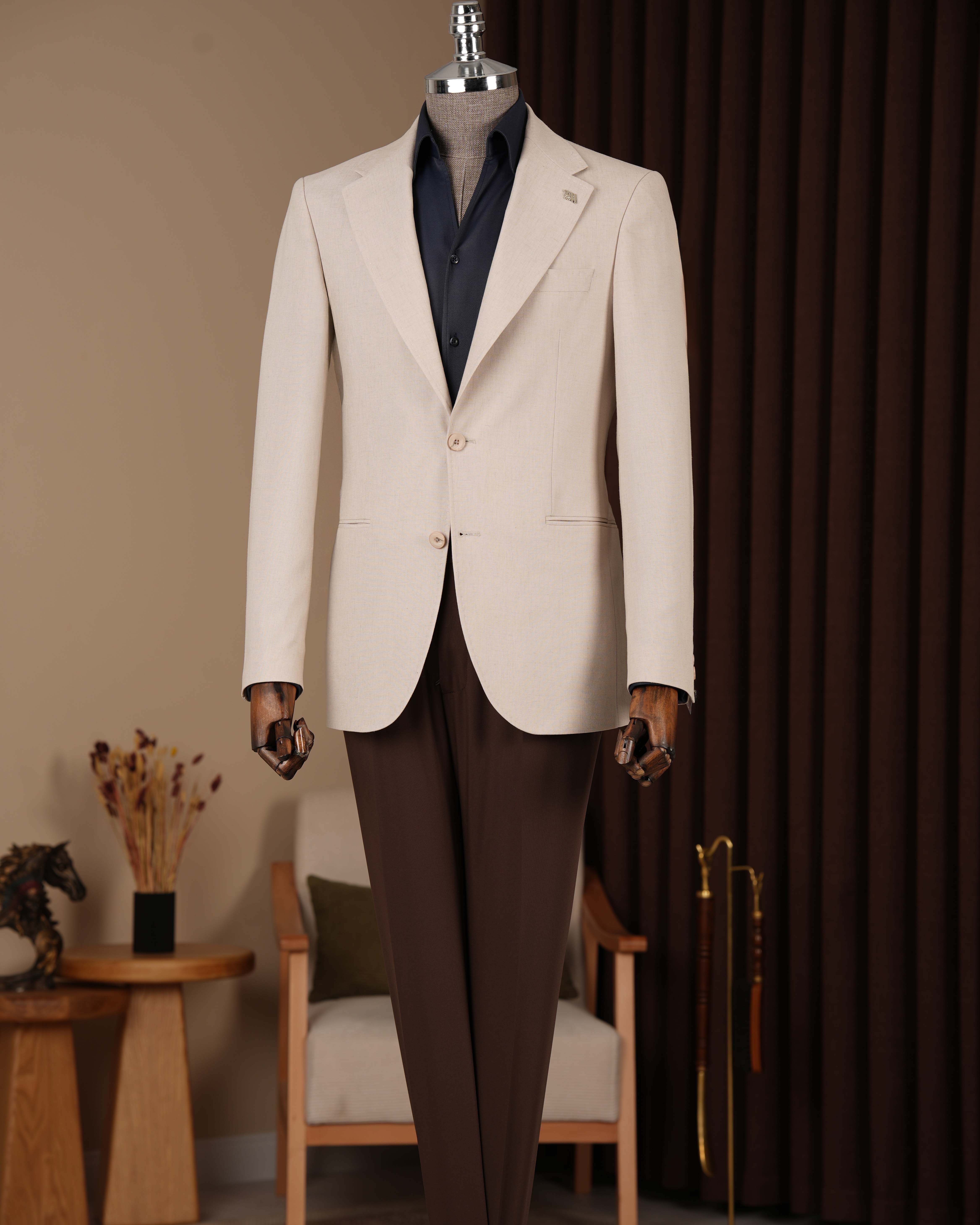 Slim fit erkek mono yaka blazer ceket bej T20145-09