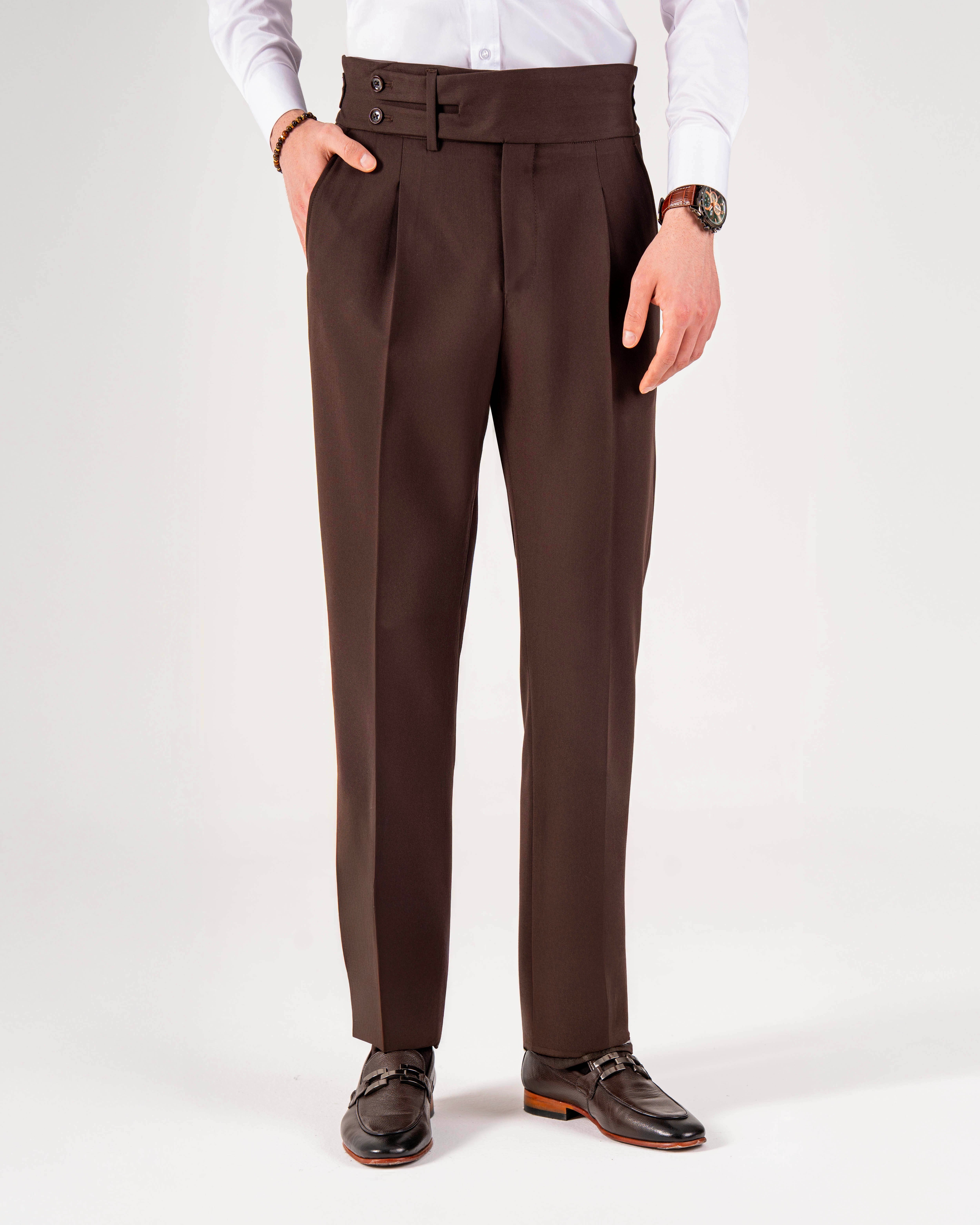 İtalyan stil slim fit erkek bel detaylı tokalı pantolon kahverengi T20037-03
