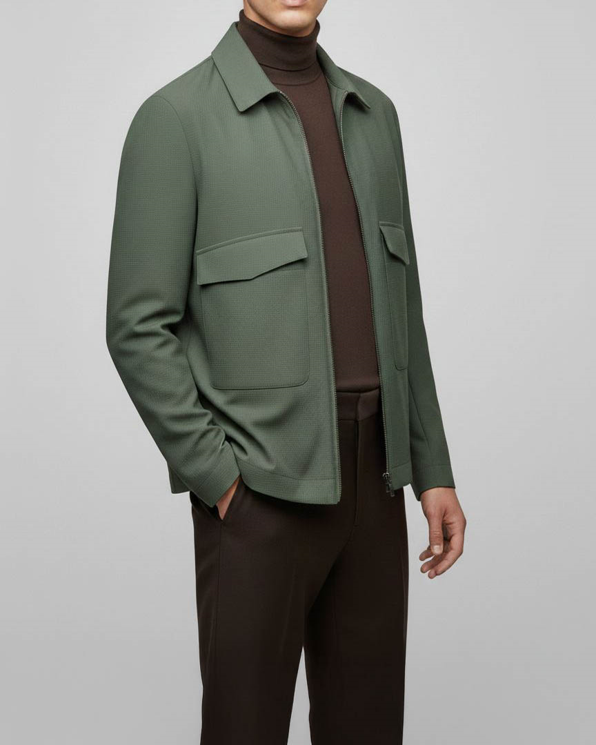 Italyan stil slim fit cep detaylı mevsimlik gofre kumaş mont yeşil T11893