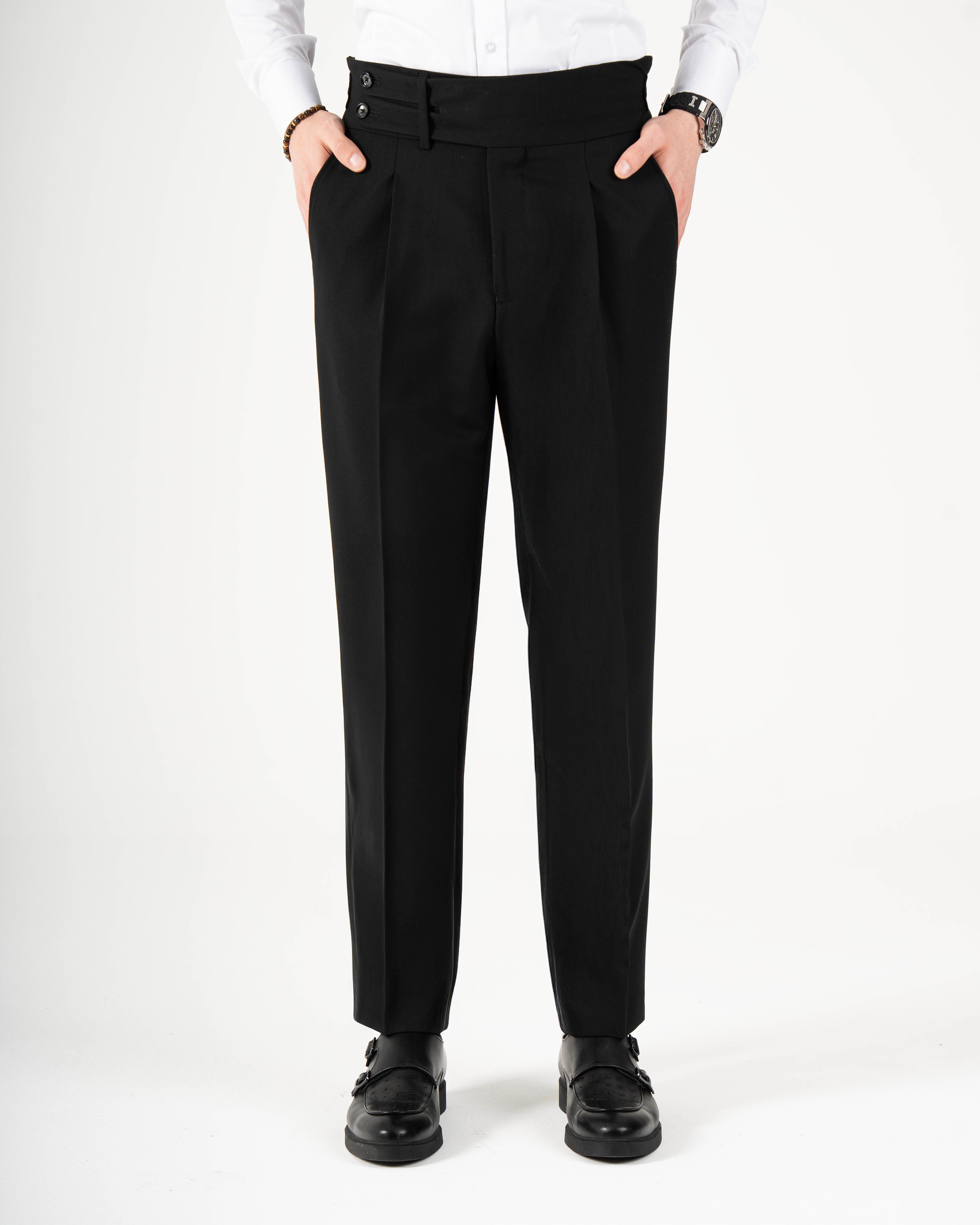 İtalyan stil slim fit erkek bel detaylı tokalı pantolon siyah T20037-01