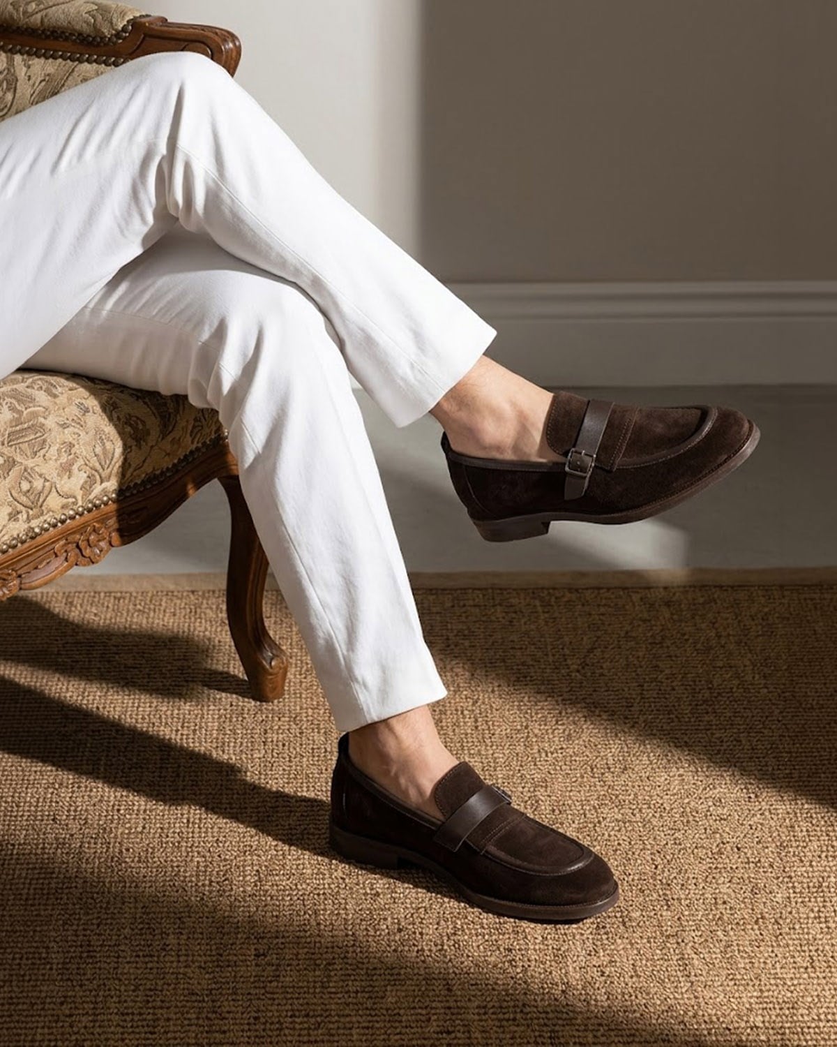 İtalyan stil iç dış naturel deri süet antik tokalı erkek ayakkabı kahverengi T15210-03