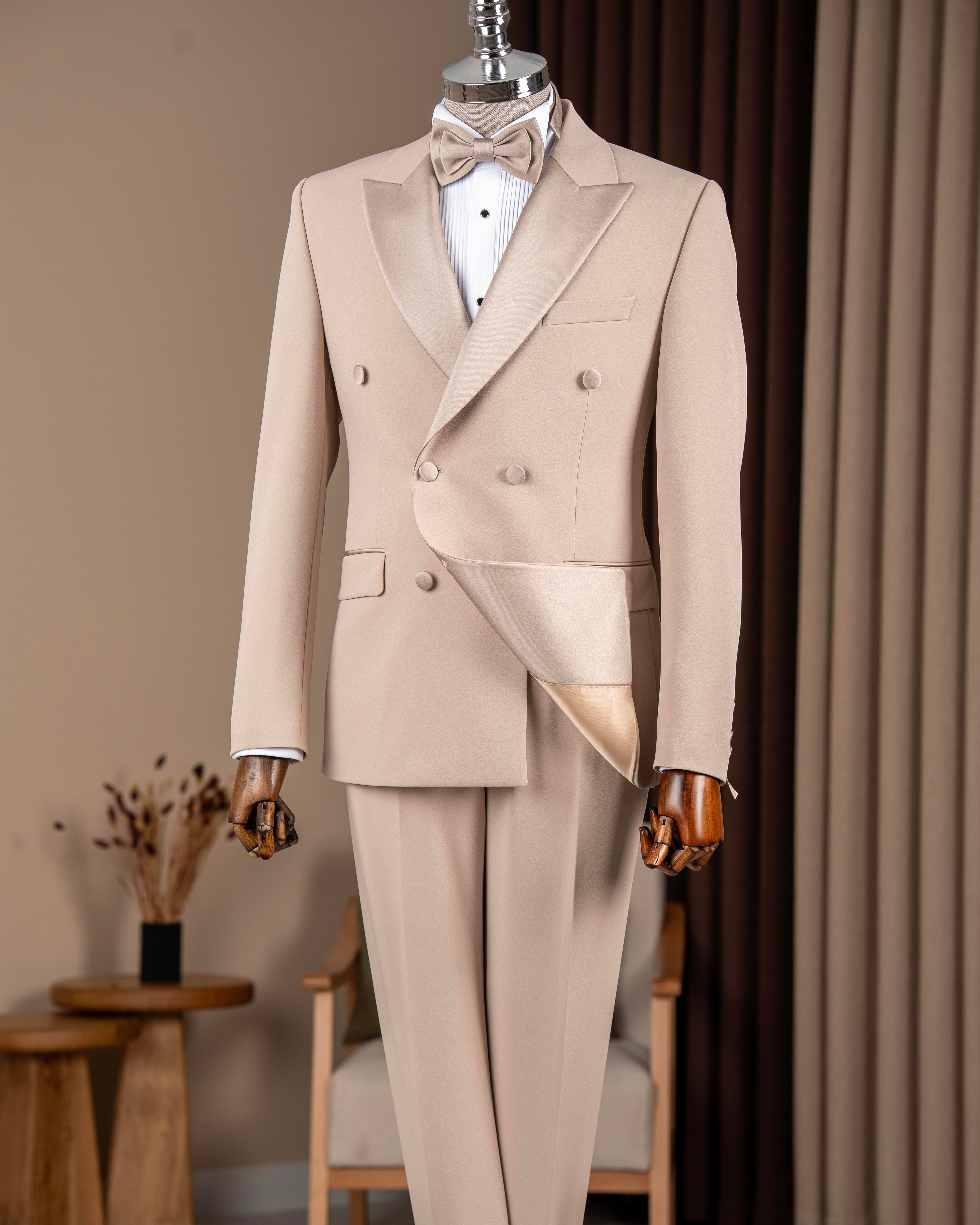Slim fit erkek kruvaze sivri yaka ceket yelek pantolon damatlık set bej T20077-09