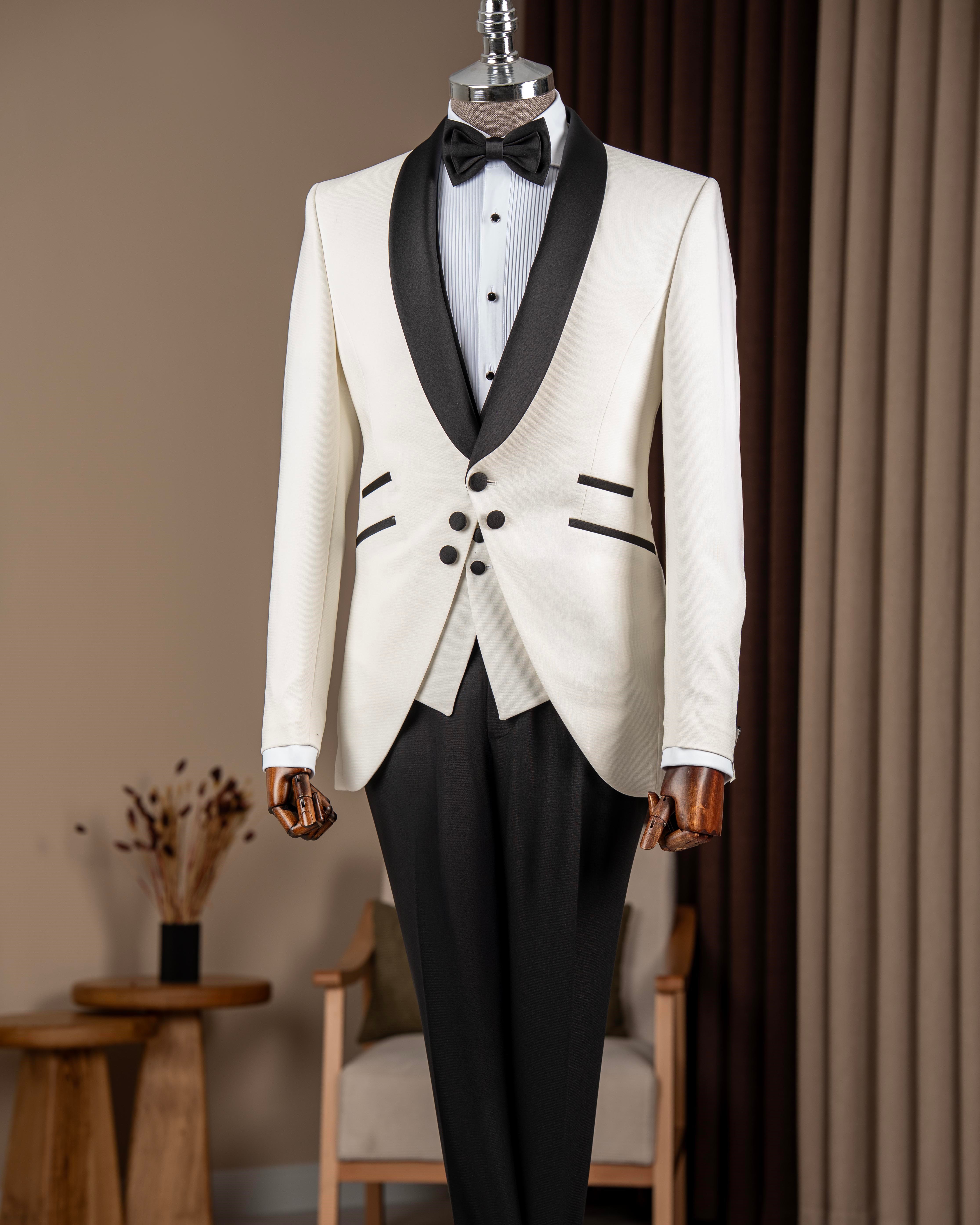 İtalyan stil slim fit erkek şal yaka ceket yelek pantolon damatlık set beyaz T20070-07