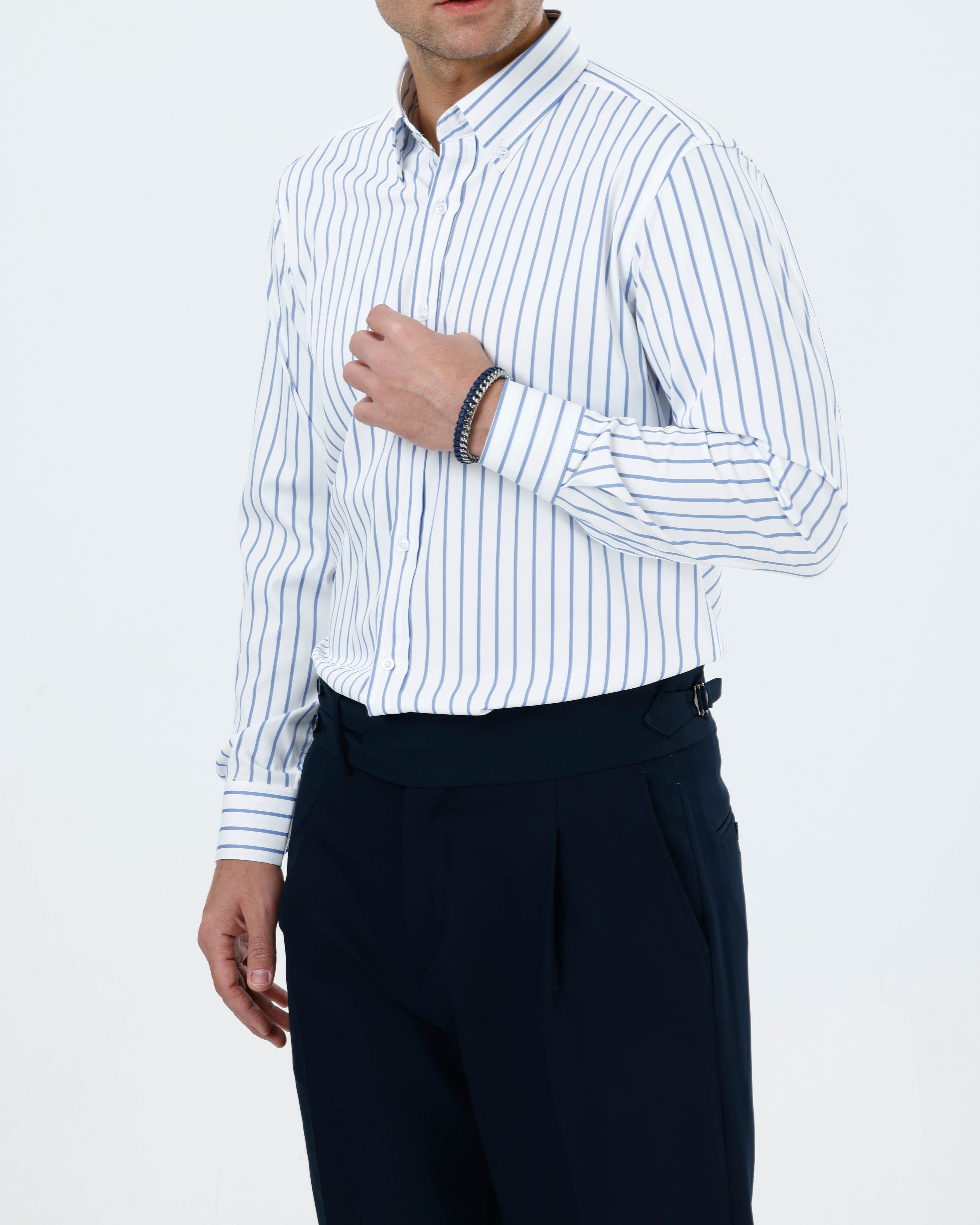 Slim fit erkek çizgili likralı kravat yaka gömlek buzmavi T20059-14