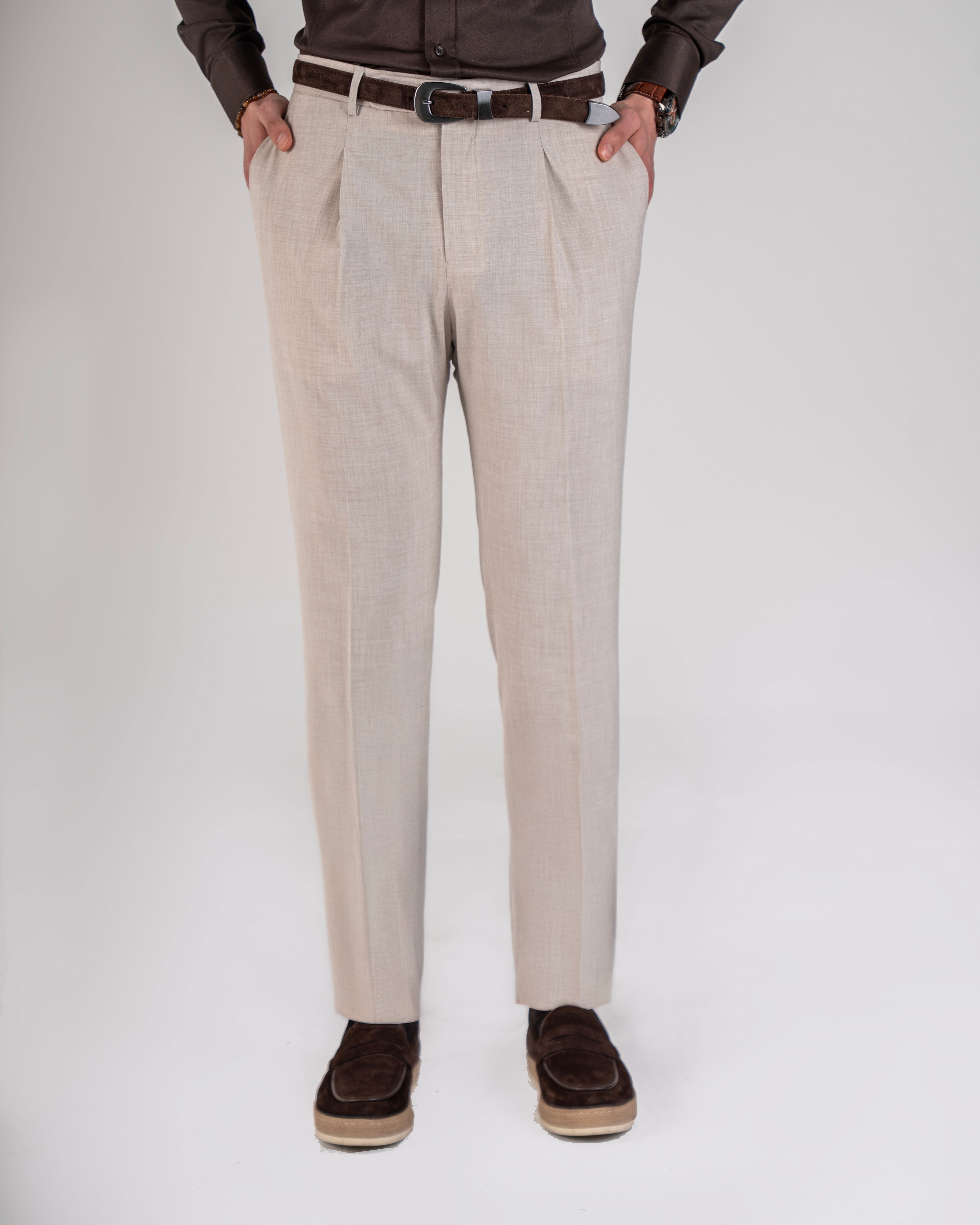 İtalyan stil slim fit erkek kumaş pantolon bej T20038-09